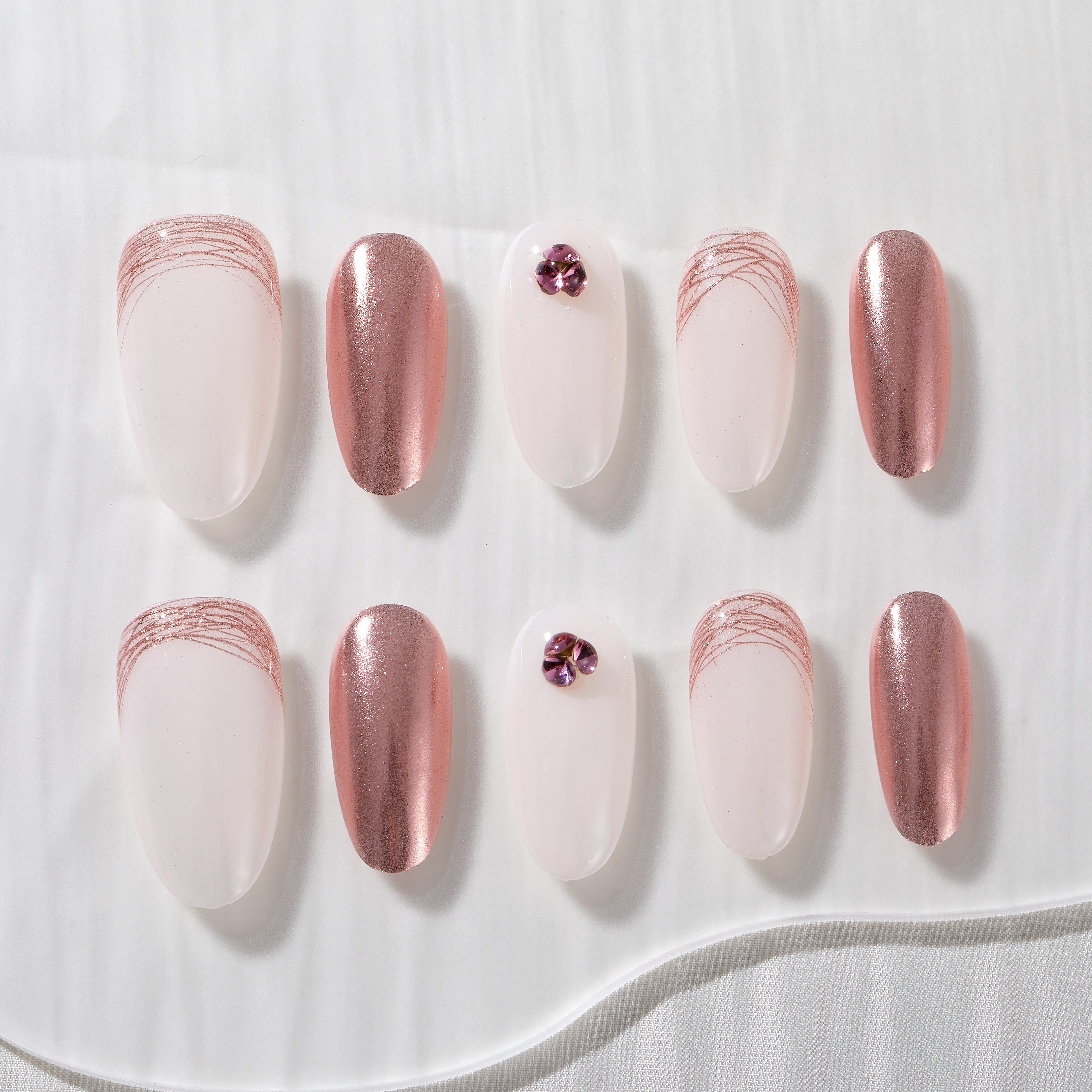 Handmade Press On Nails Oval Nude Pink Rose Gold Accent Glossy Medium 10 Pieces #300