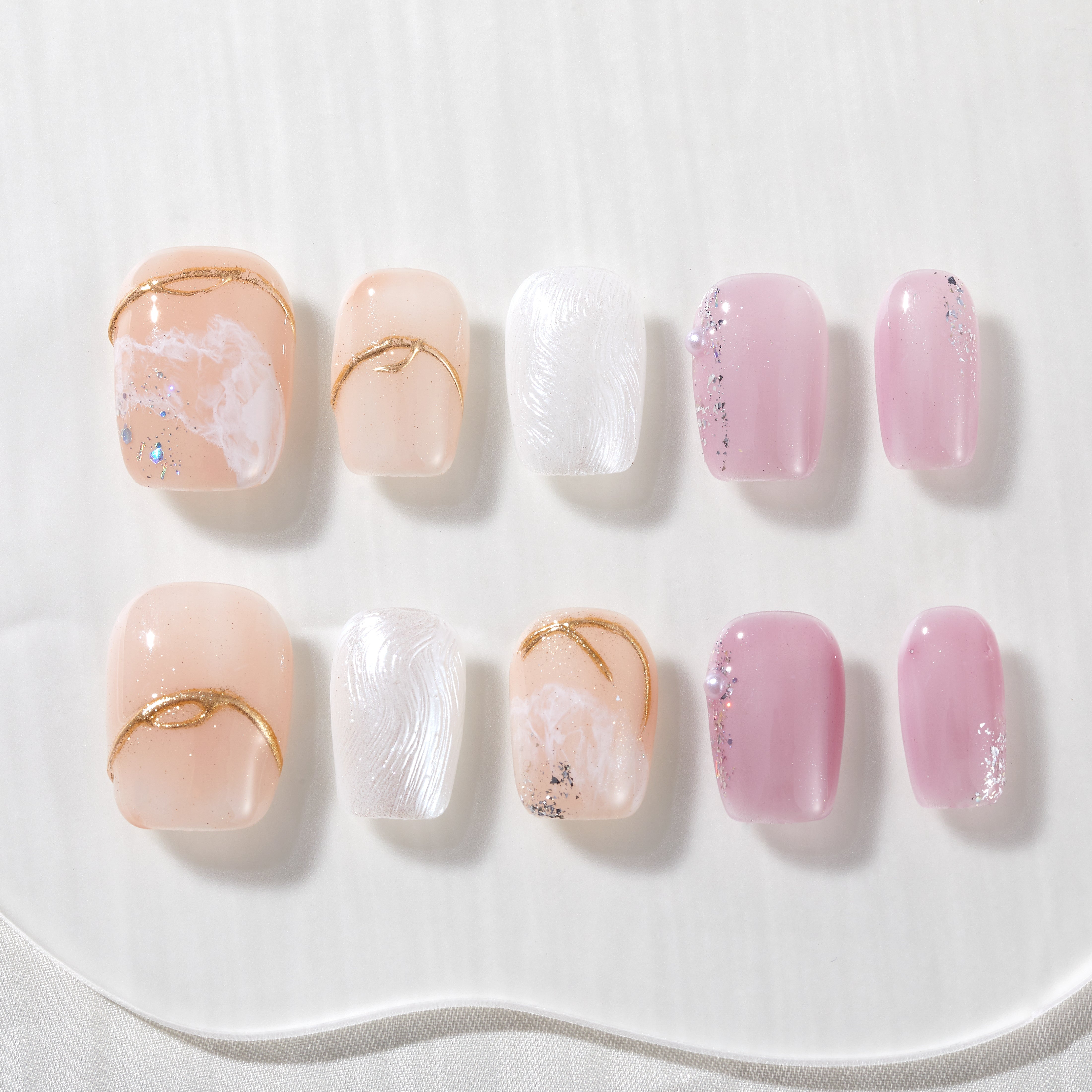 Handmade Press On Nails Square Pink Nude Marble Gold Shimmer Short 10 Pieces #297