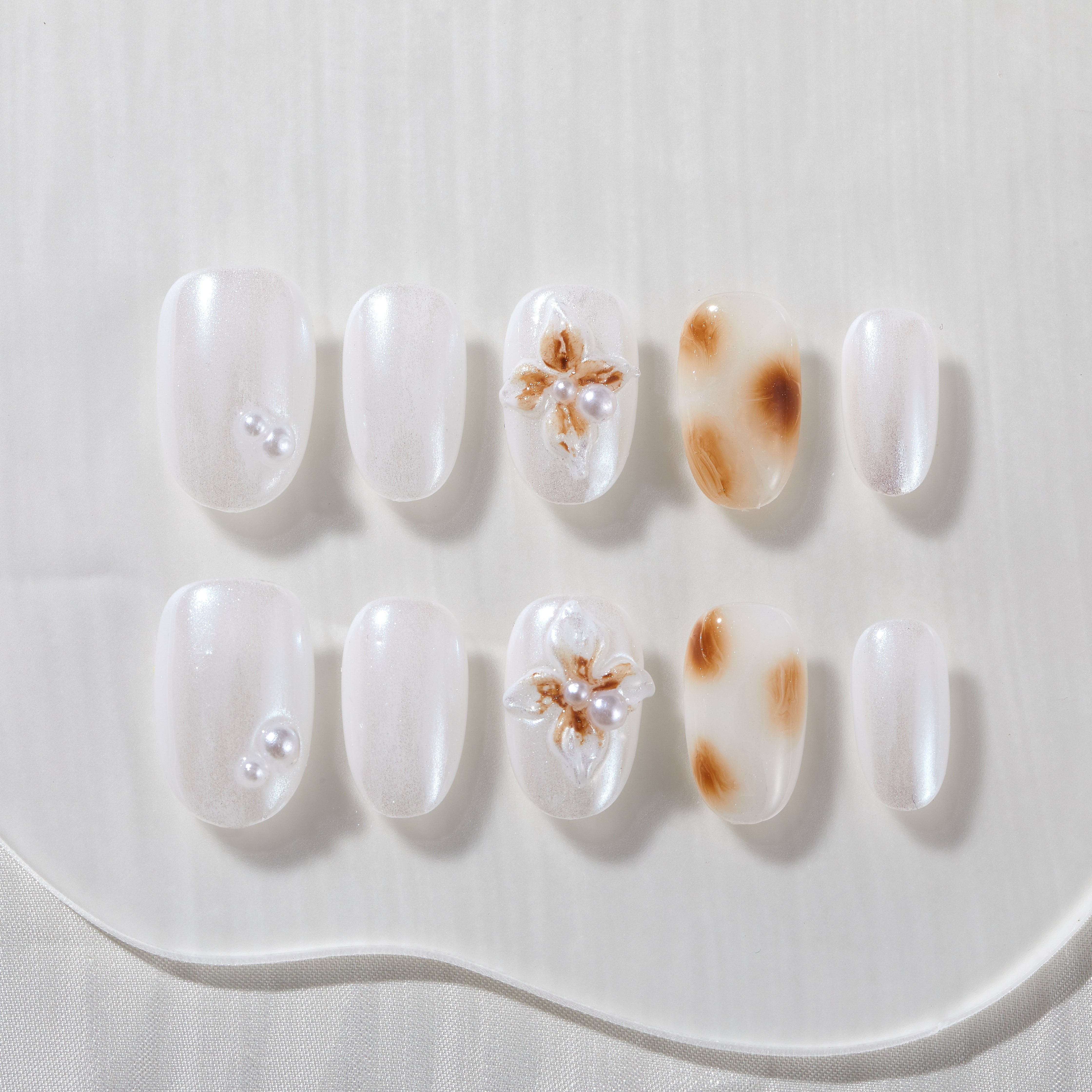 Handmade Press On Nails Round White Brown Pearl Floral Glossy Medium 10 Pieces #294