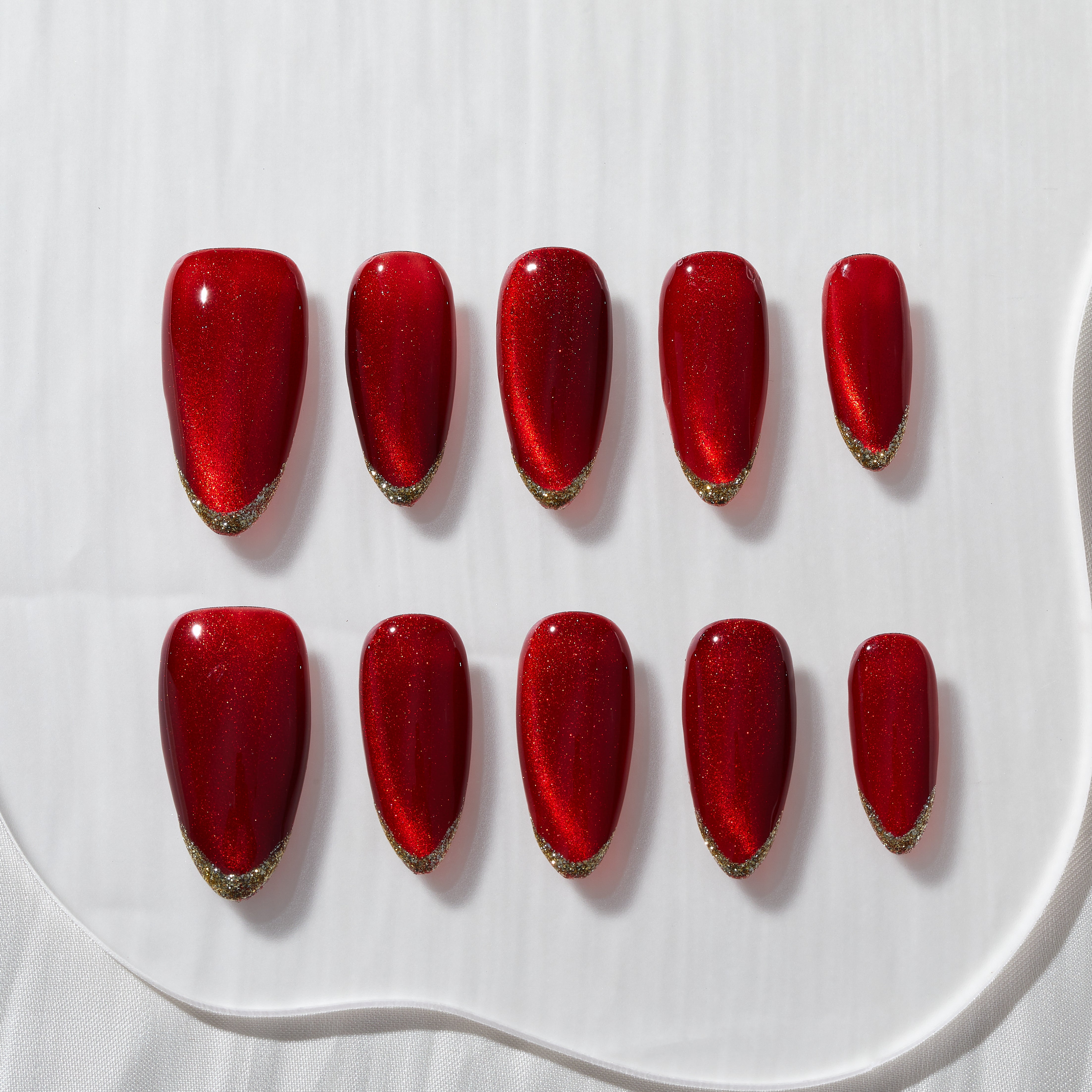 Handmade Press On Nails Almond Red Gold French Shimmer Medium 10 Pieces #298