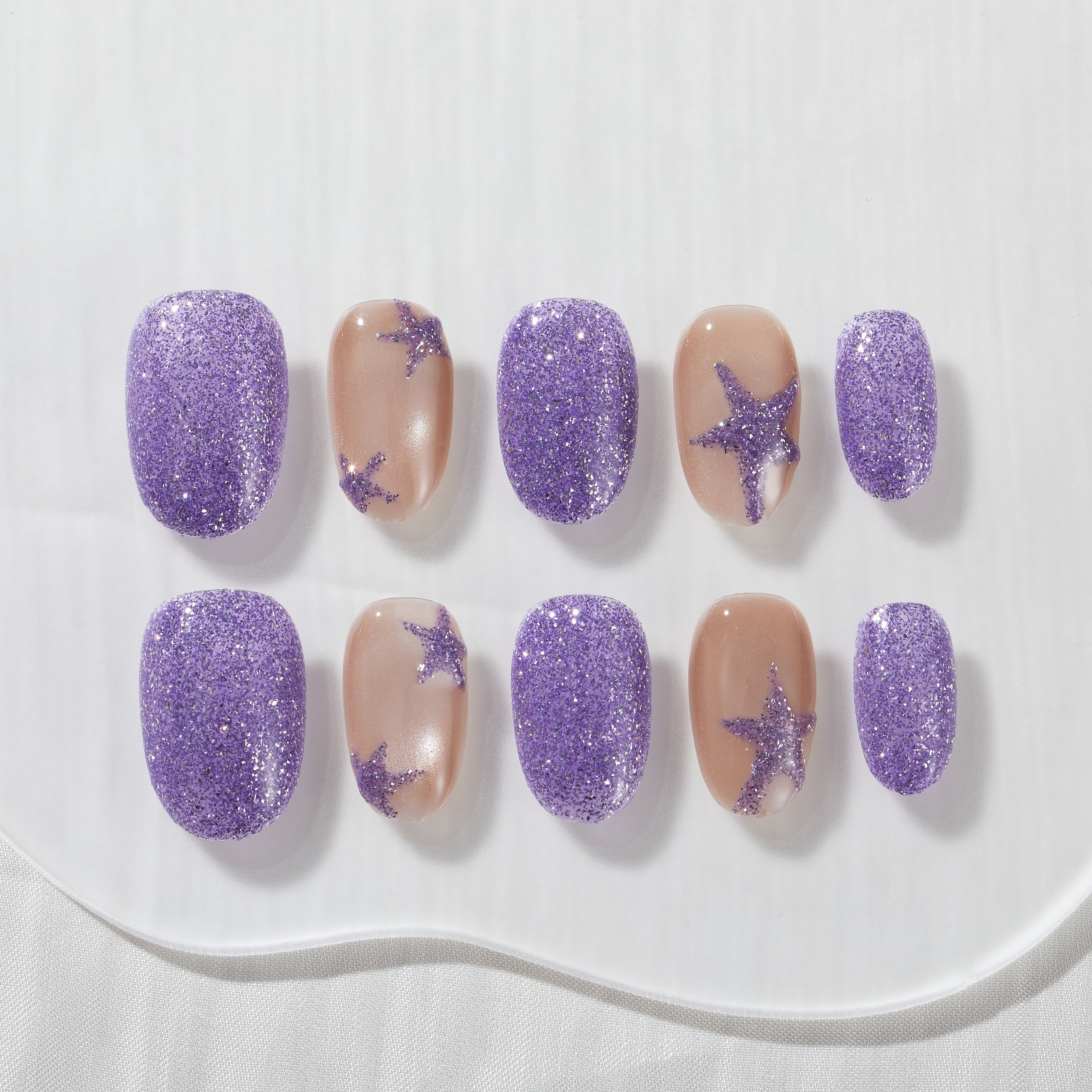 Handmade Press On Nails Round Purple Nude Glitter Shimmer Medium 10 Pieces #296