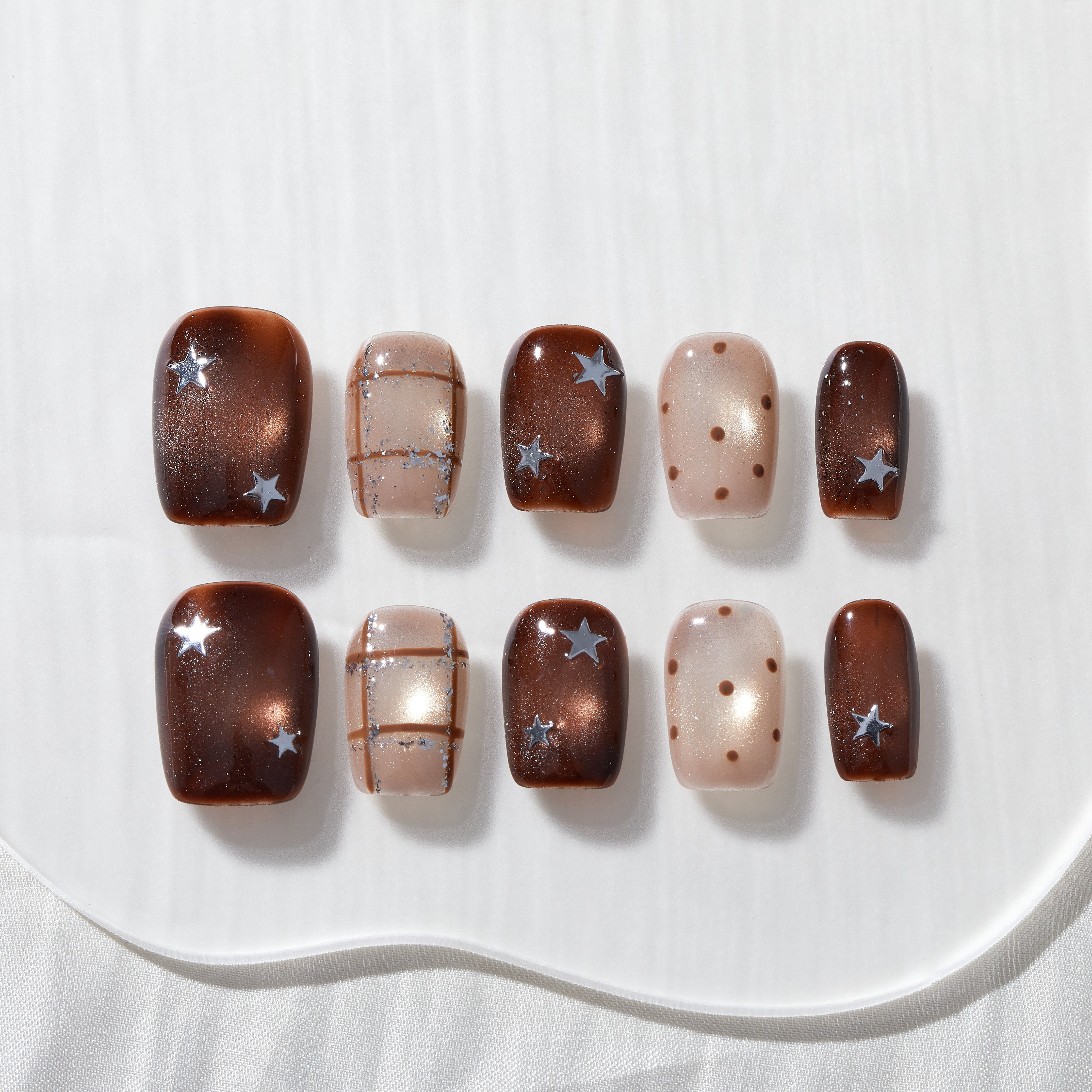 Press On Nails Short Square Coffee Brown Nude Pink Star Dot Plaid Shimmer Short 10 Pieces #293