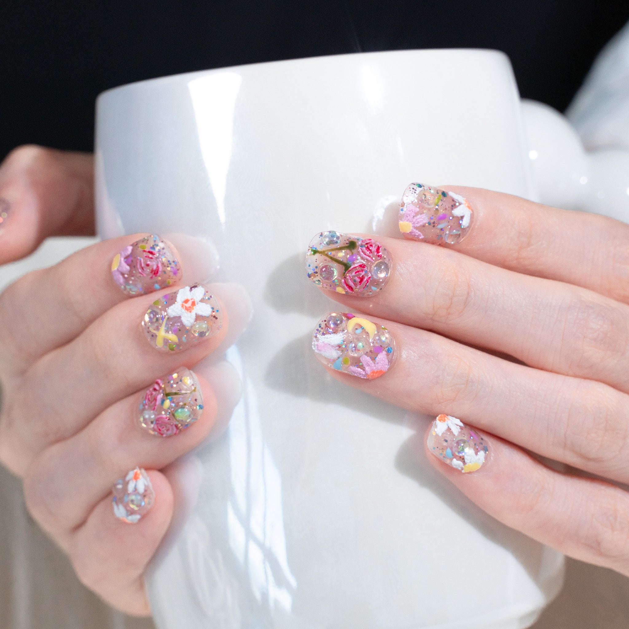 Ongles press-on faits main Court Carré-arrondi – Rose Blanc Fleur printemps Peint à la main 10 pièces #273