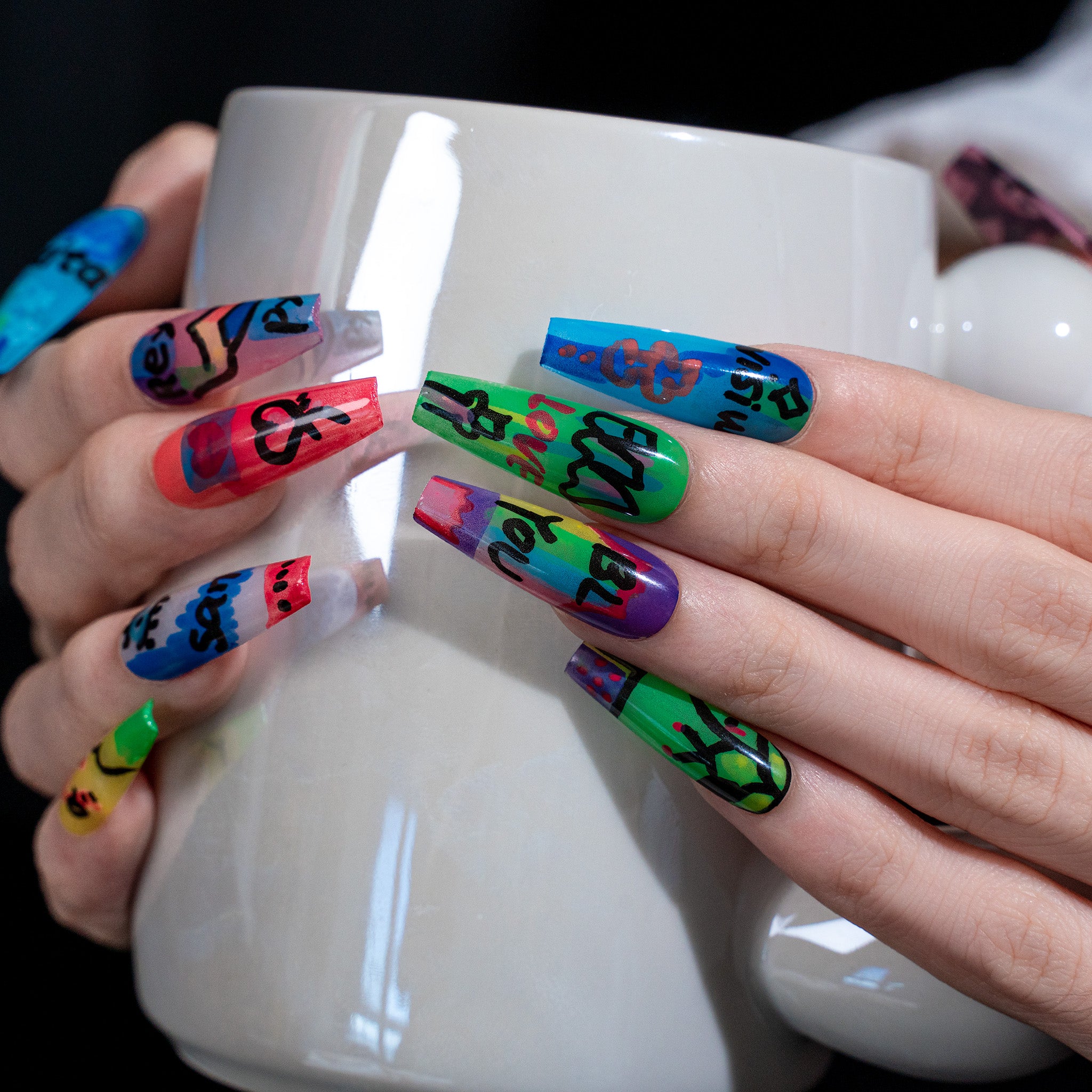 Handmade Long Coffin Ballerina Press-On Nails - Red Hand-Painted Summer Glam 10 Pcs #270