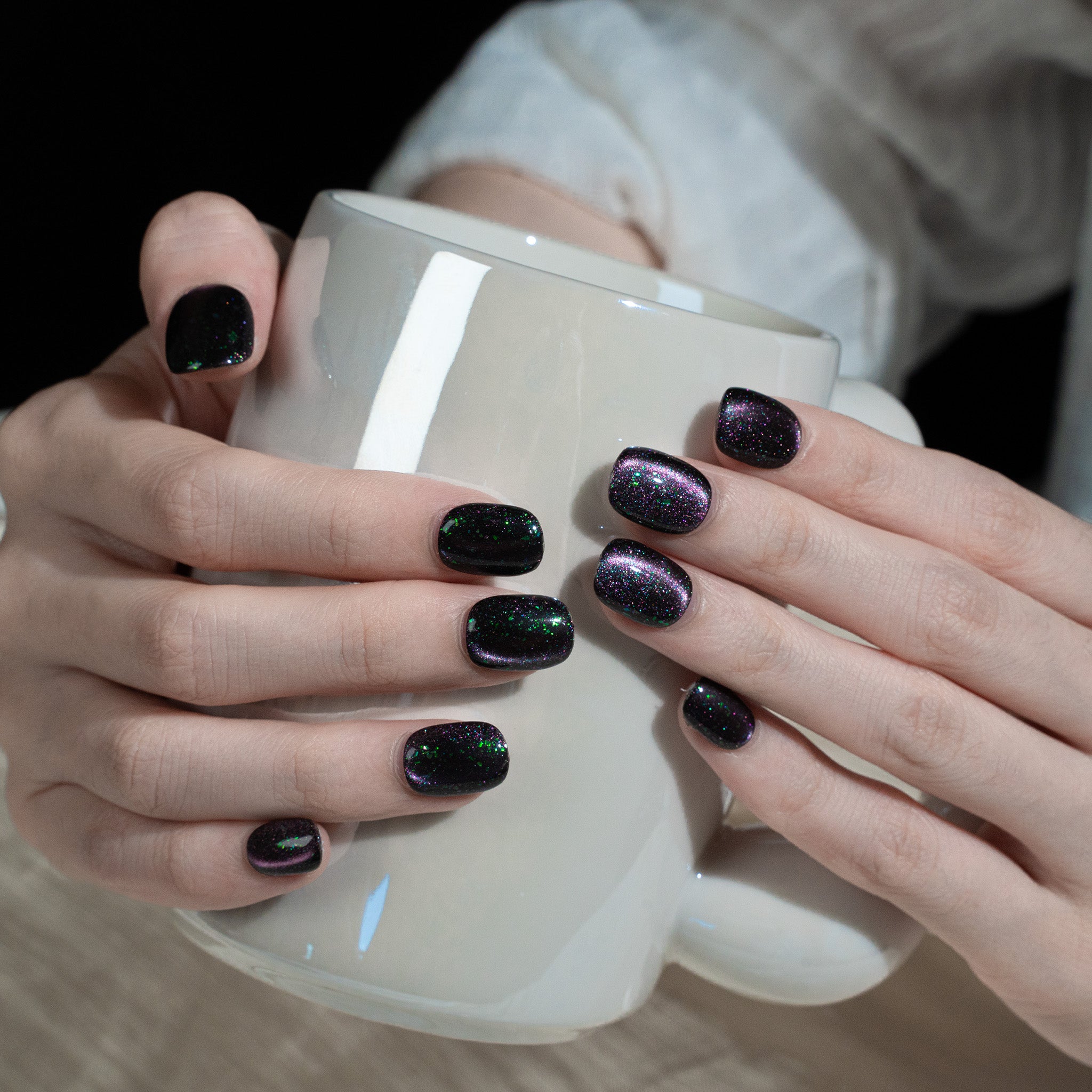 ハンドメイド ショート 短め スクエアオーバル ラウンド ネイルチップ– ブラック むらさき グリーン スウィート 無地 ワンカラー シンプル 10枚セット #256