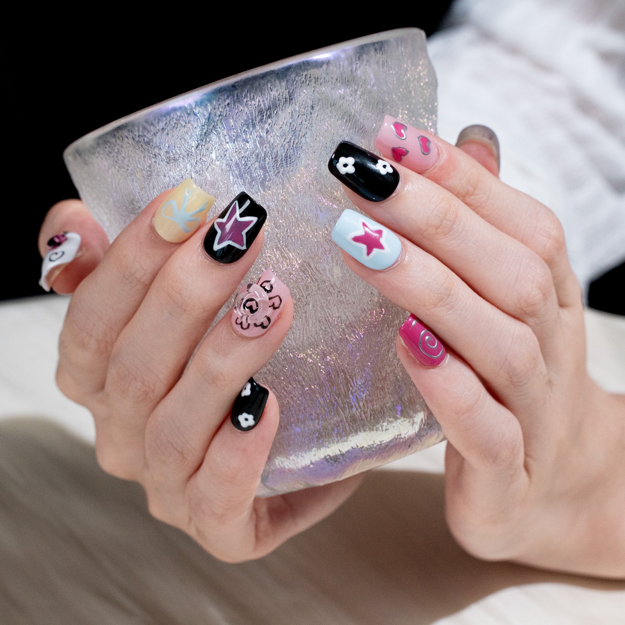 Handmade Short Coffin Ballerina Press-On Nails - White Y2K Sweet Summer 10 Pcs #272