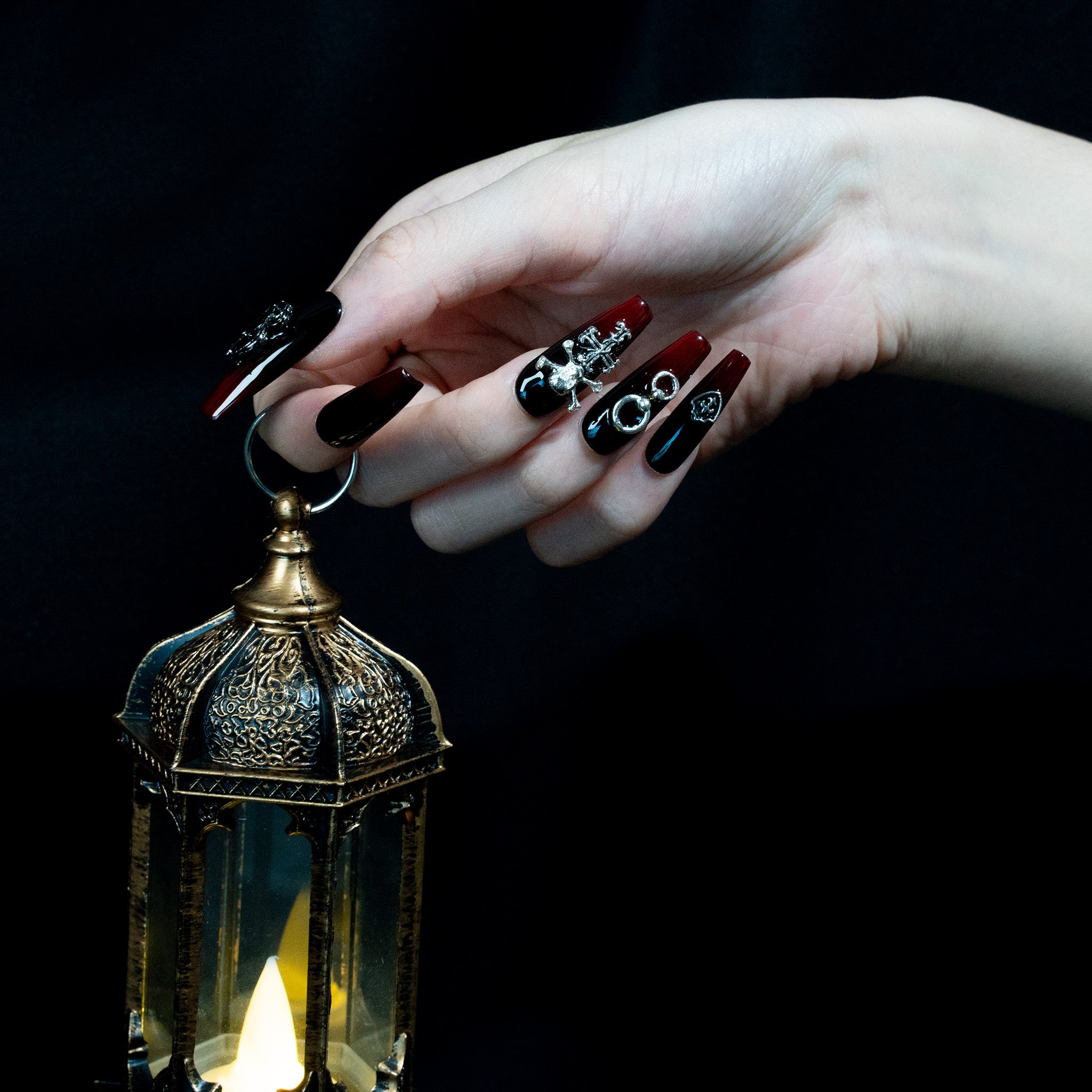 Handmade Long Coffin Ballerina Press-On Nails - Black Ombre Halloween 10 Pcs #275