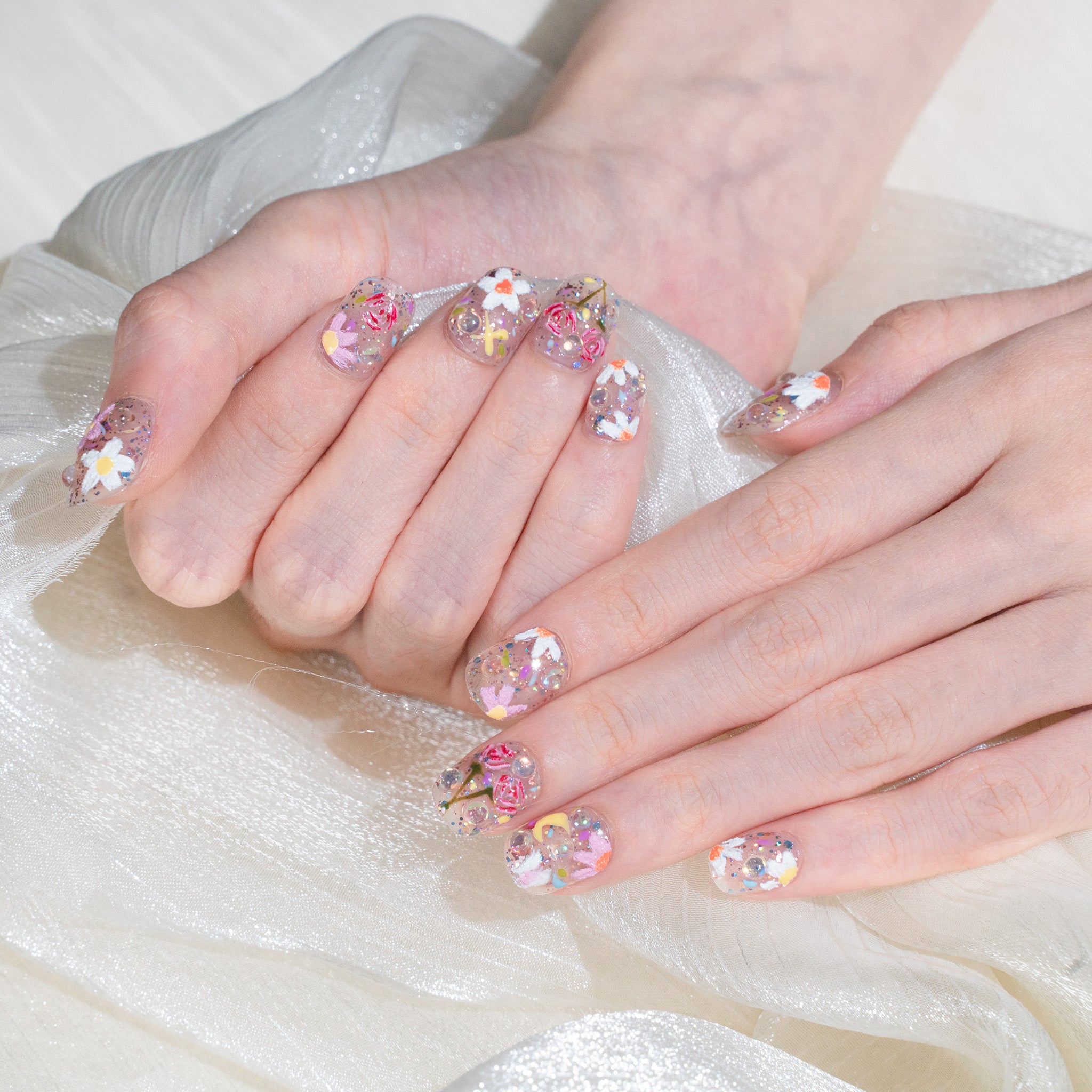 Handmade Short Squoval Round Press-On Nails - Pink Flower Spring Hand-Painted 10 Pcs #273