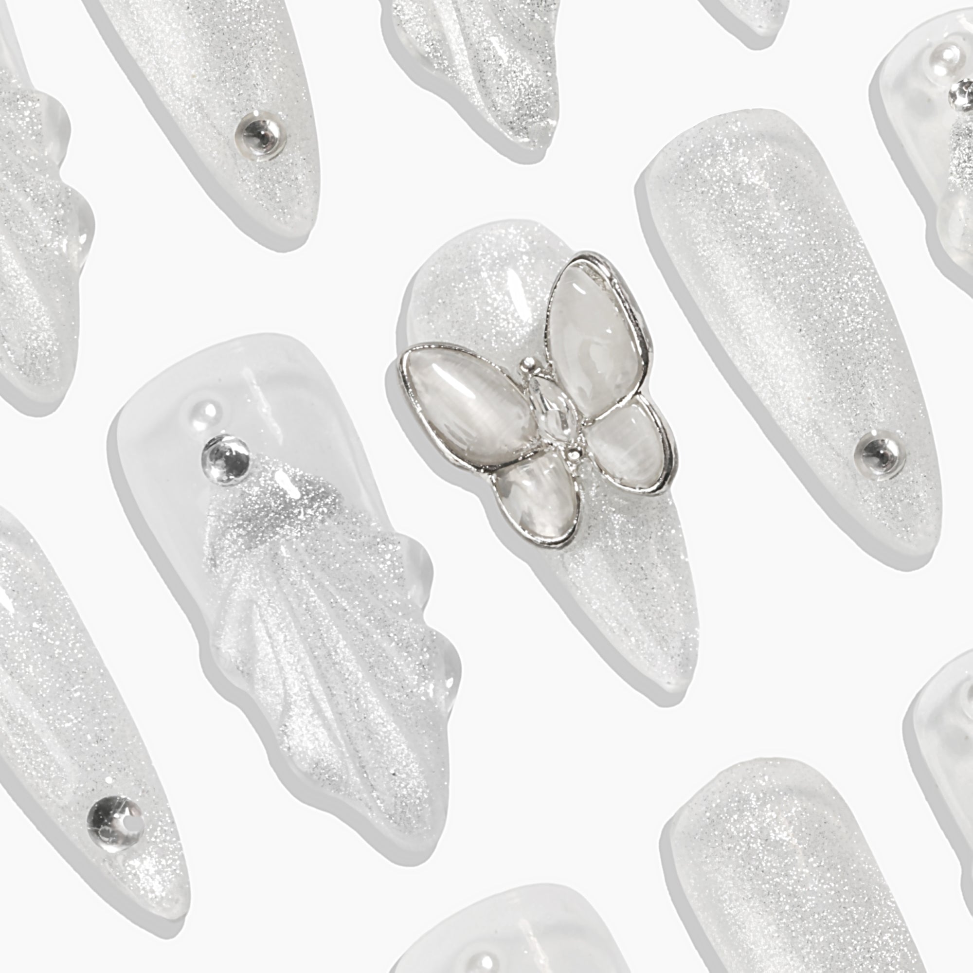 Handmade Long Stiletto Amlond Press-On Nails - White Silver Butterfly Rhinestone Glitter 10 Pcs #020