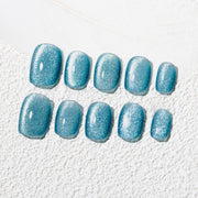 Handmade Short Round Press-On Nails - Blue Magnet Solid Color Minimalist 10 Pcs #249