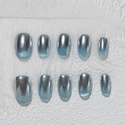 Handmade Short Almond Press-On Nails - Blue Silver Aurora Gradation glossy 10 Pcs #221
