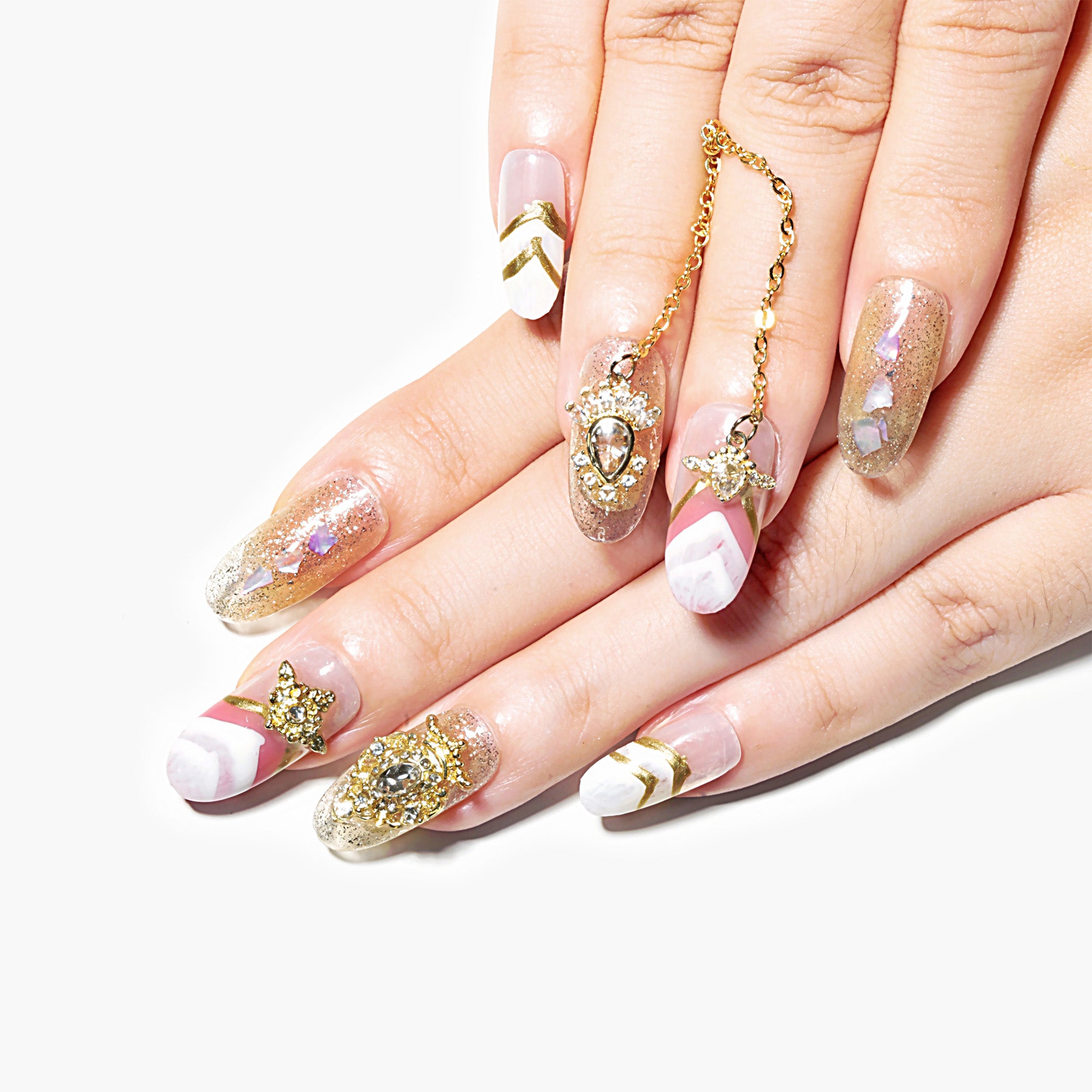 Ongles press-on faits main Moyen Ovale – Rose Doré Dégradé Élégant Strass 10 pièces #055