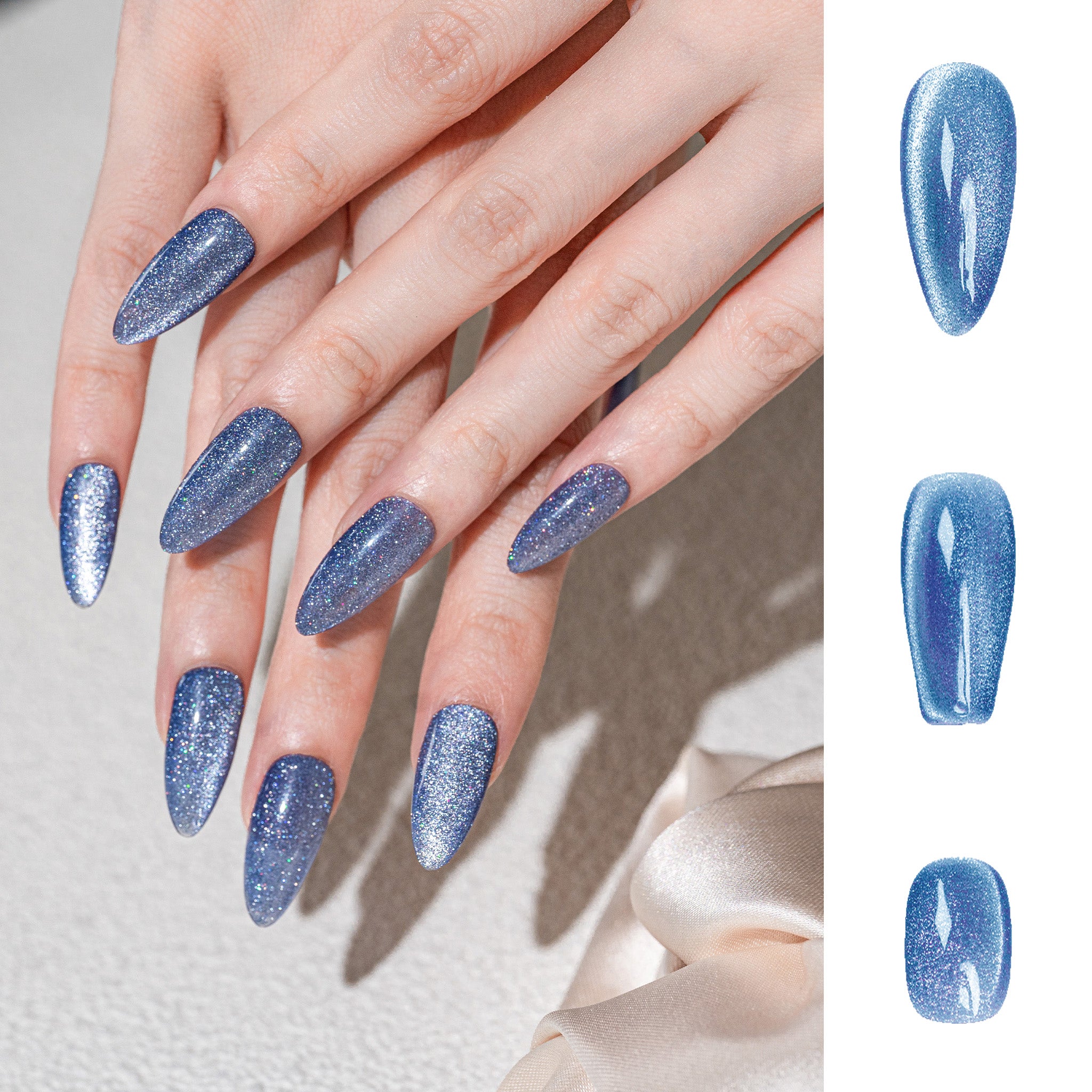 Handmade Short Squoval Round Press-On Nails - Blue Magnet Solid Color Minimalist 10 Pcs #242