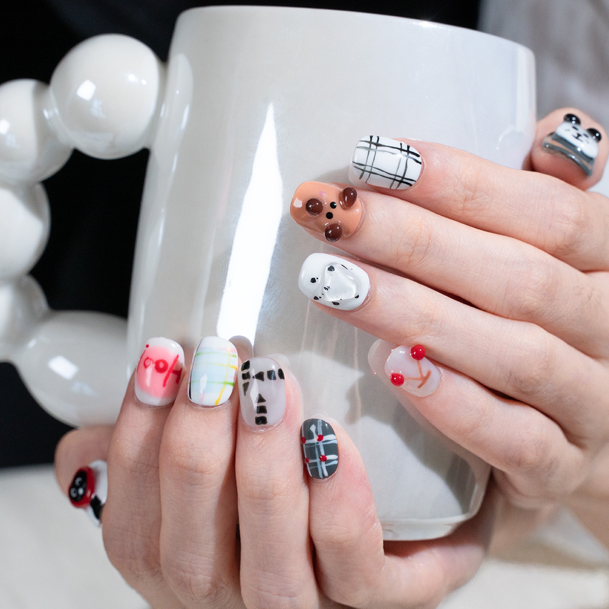 Ongles press-on faits main Court Carré-arrondi – Marron Blanc 3D Mignon Chiot 10 pièces #278