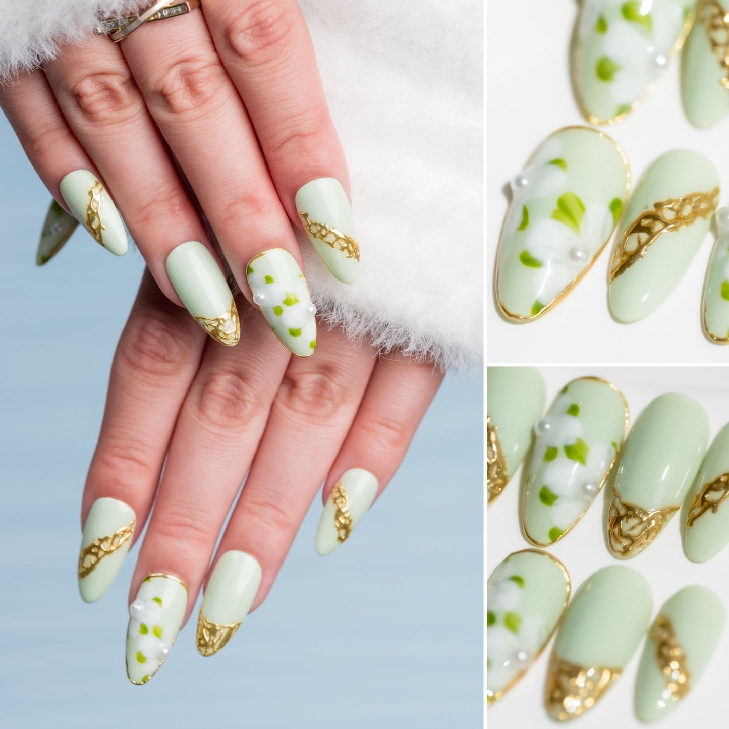 Handmade Press-on Nails Medium Long Almond Green Gold Hand-painted Flower Design 10 Pcs HM078