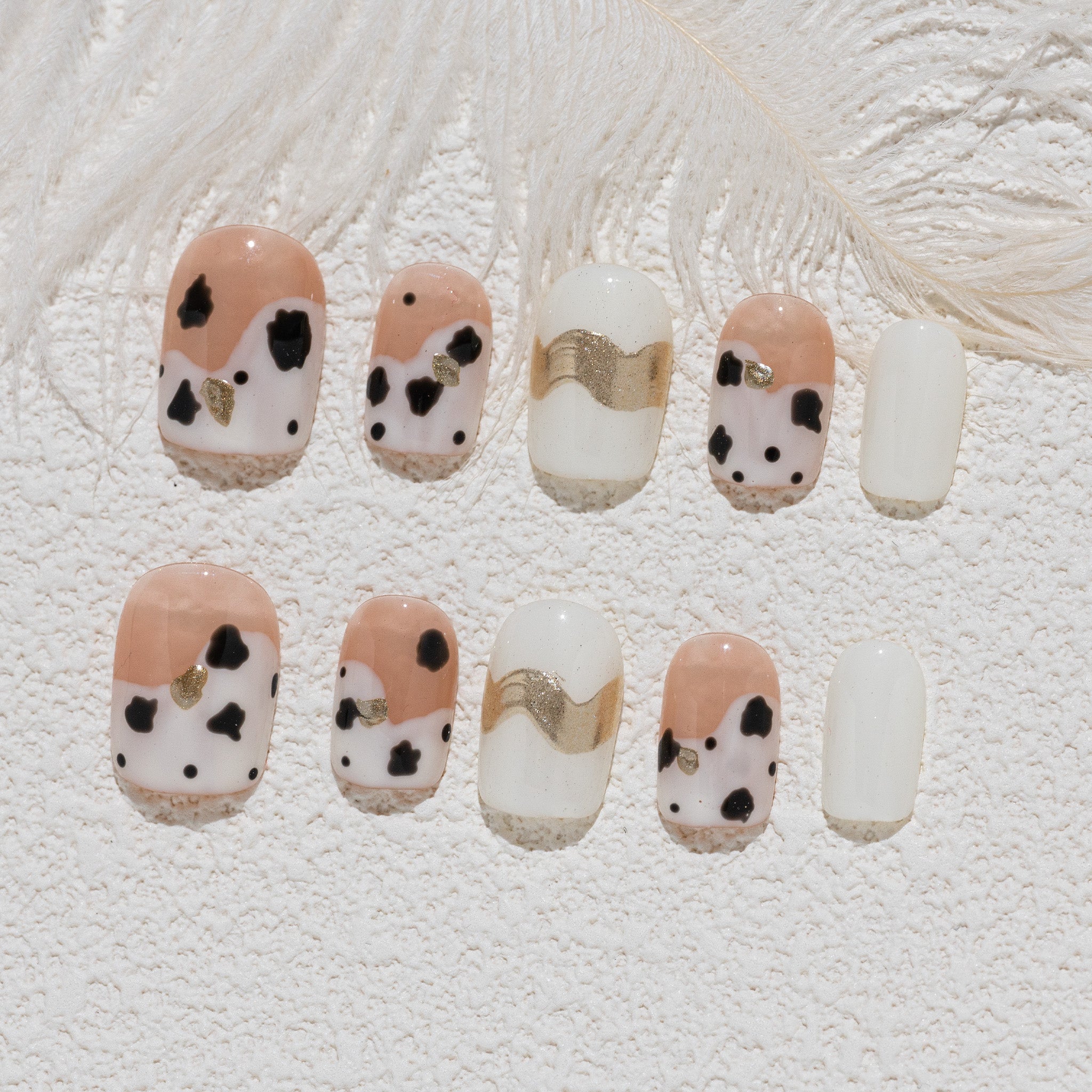 Handmade Short Square Press-On Nails - White Black Gold Ombre Hand-Painted 10 Pcs #220