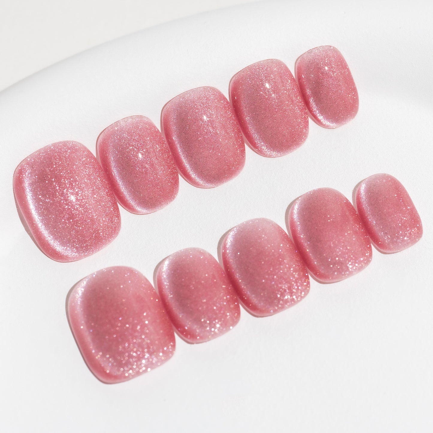 Handmade Press-on Nails Short Squoval Round Pink Solid Color Cat Eye Design 10 Pcs HM098