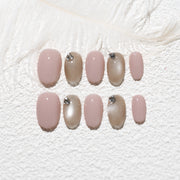 Handmade Short Squoval Round Press-On Nails - Pink Rhinestone glossy Hand-Painted 10 Pcs #232