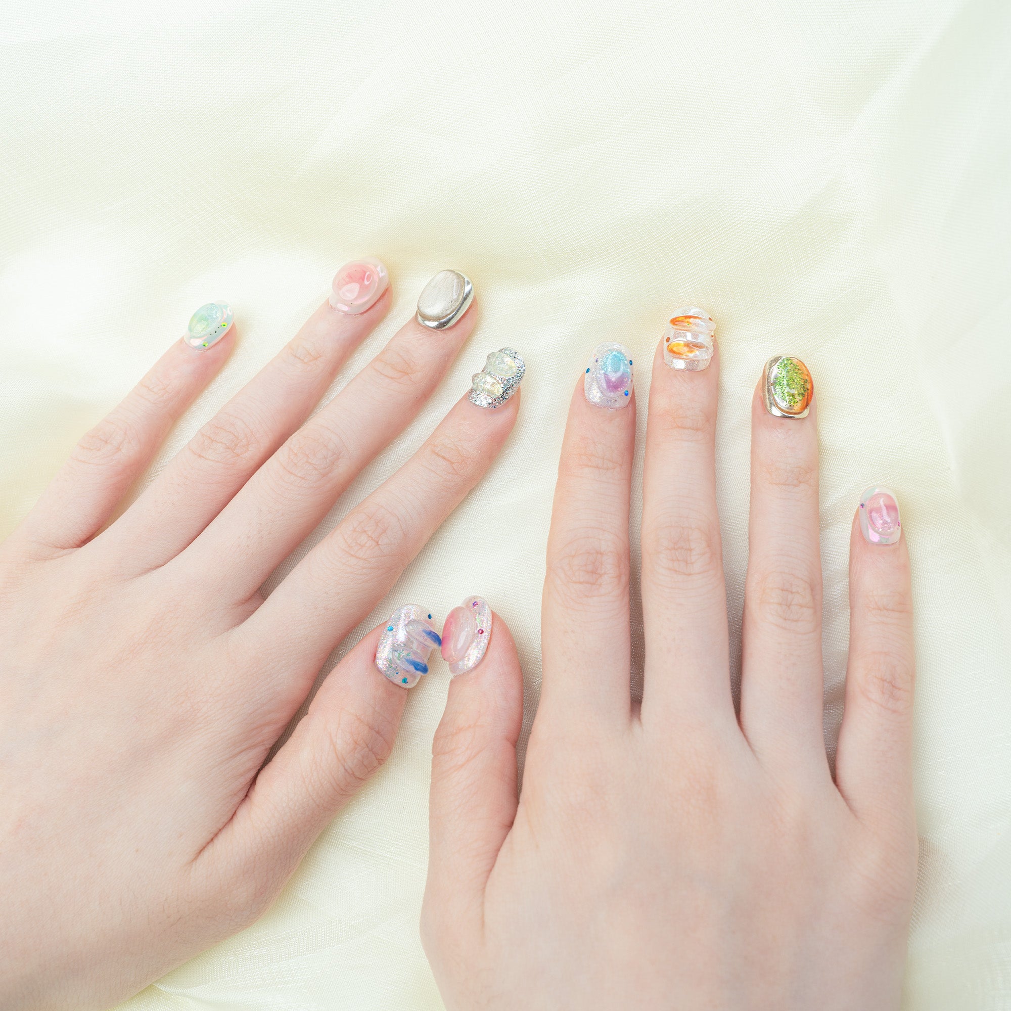 ハンドメイド ショート 短め スクエアオーバル ラウンド ネイルチップ– ブルー グリーン オレンジ むらさき ニュアンス 手描き 3D 10枚セット #206