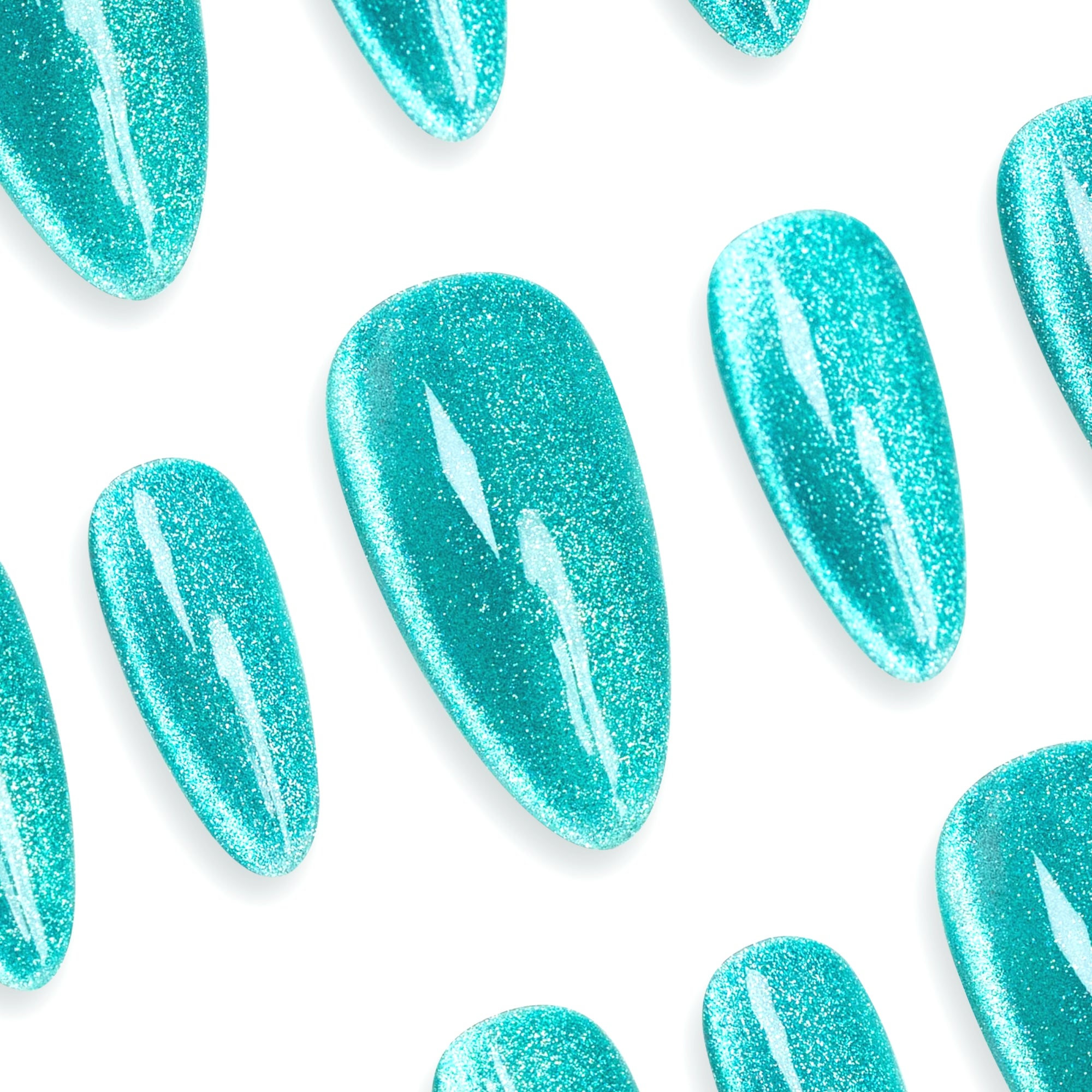 Handmade Medium Almond Press-On Nails - Blue Green Magnet Minimalist Gradation 10 Pcs #119