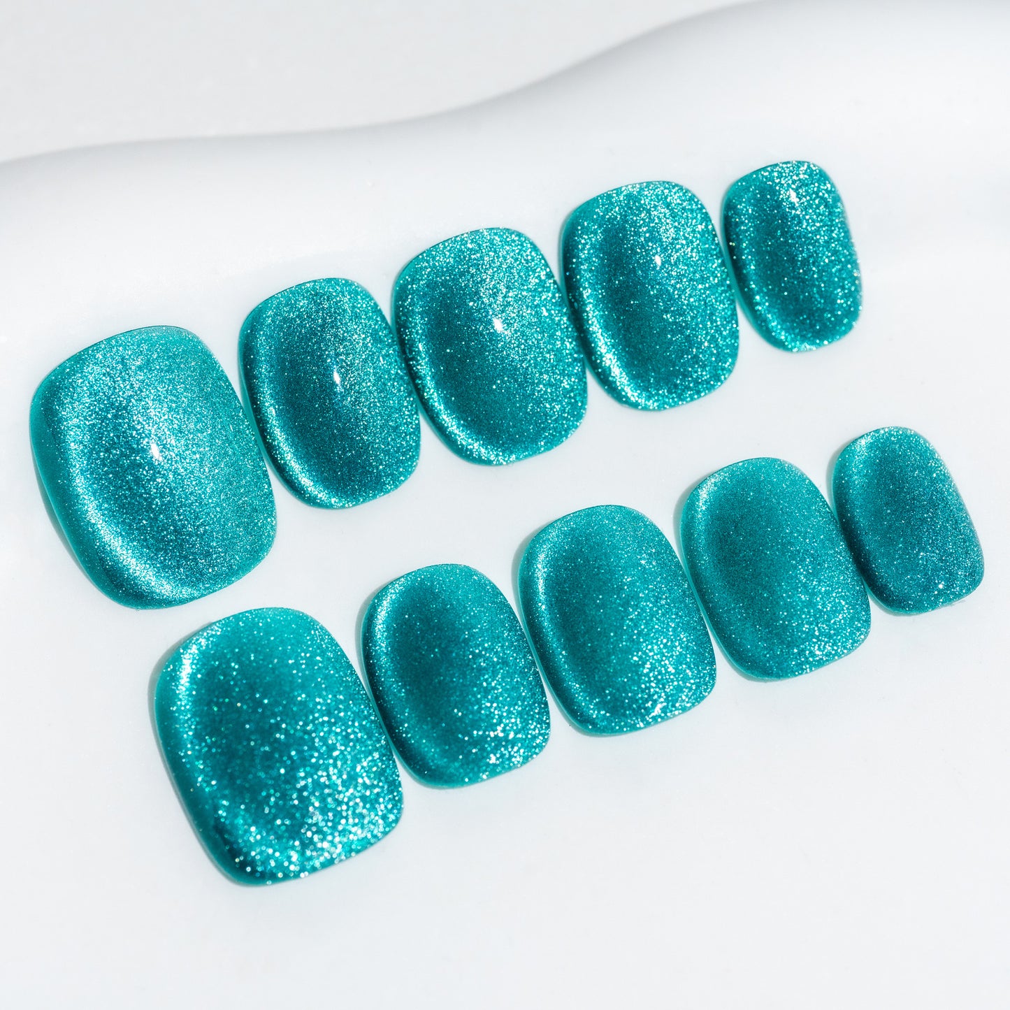 Handmade Press-on Nails Short Squoval Round Turquoise Solid Color Cat Eye Design 10 Pcs HM093