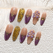 Handmade Long Almond Press-On Nails - Purple Yellow Rhinestone Hand-Painted Gradation 10 Pcs #222