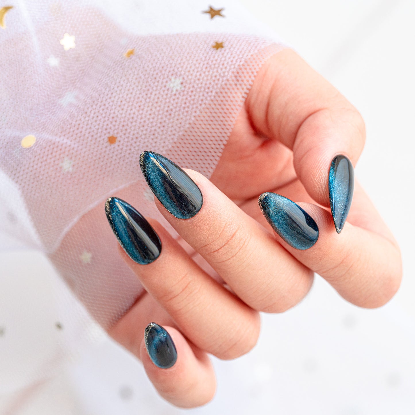 Handmade Press-on Nails Medium Long Amlond Blue Black Cat Eye Design 10Pcs HM012