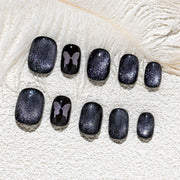 Handmade Short Squoval Round Press-On Nails - Black Magnet glossy Hand-Painted 10 Pcs #233