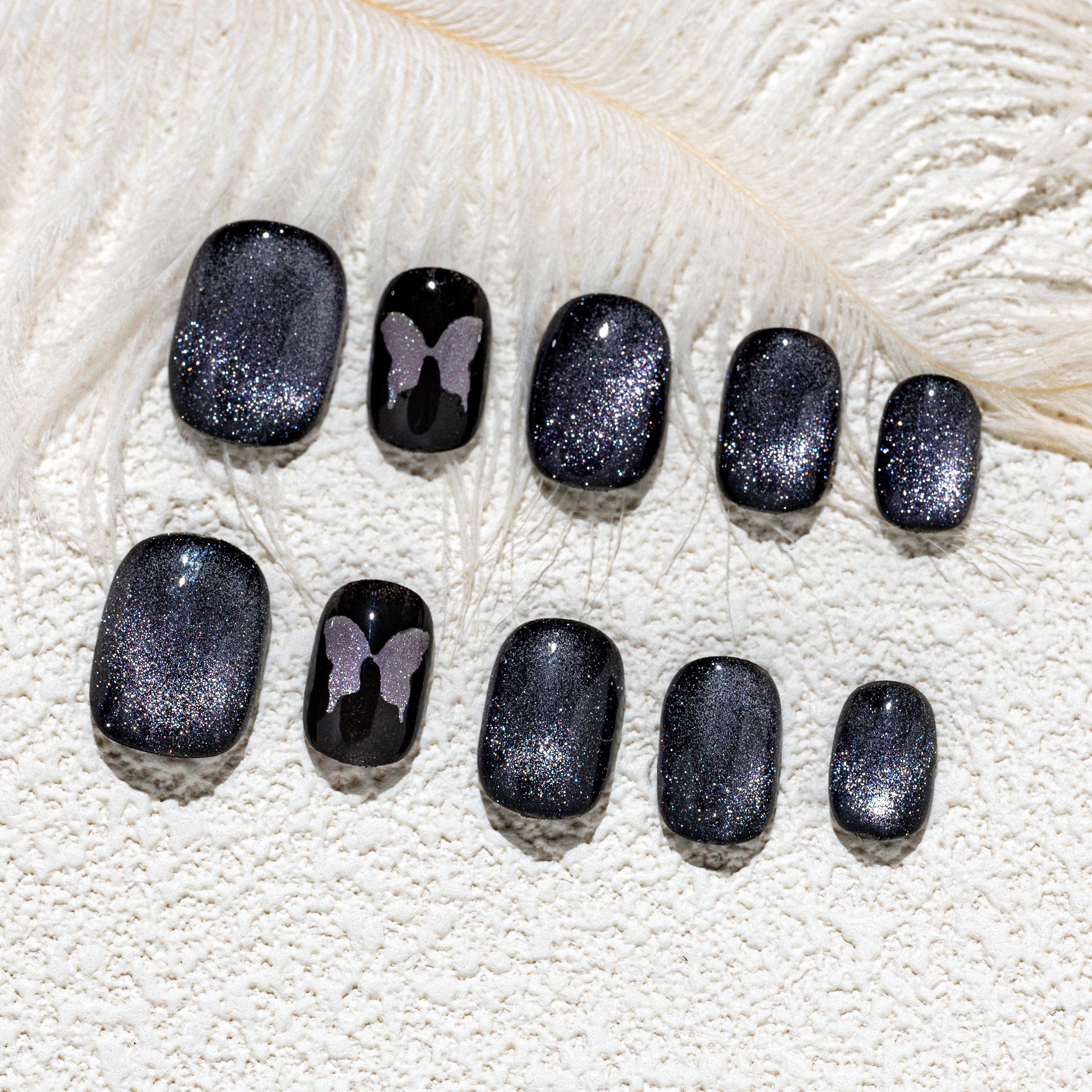 Handmade Short Squoval Round Press-On Nails - Black Magnet glossy Hand-Painted 10 Pcs #233