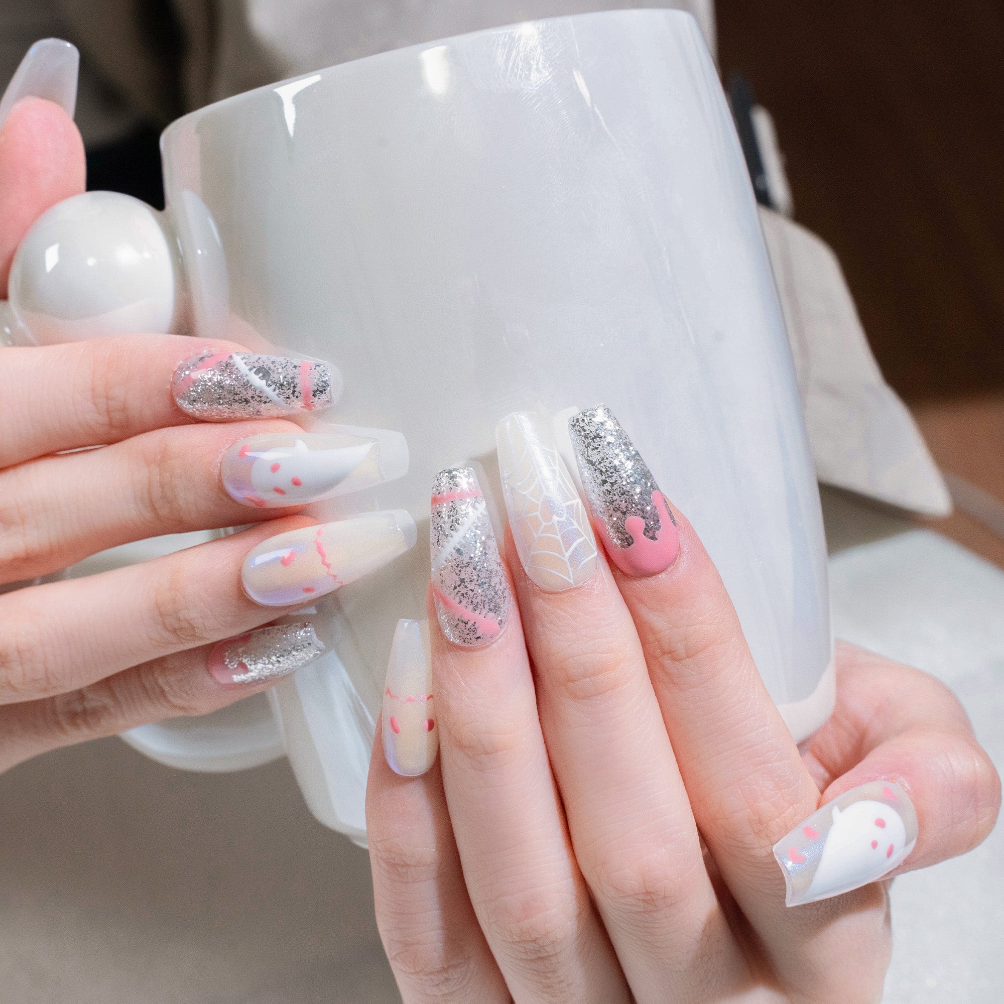 Handmade Medium Coffin Ballerina Press-On Nails - White Halloween Winter Glitter 10 Pcs #281