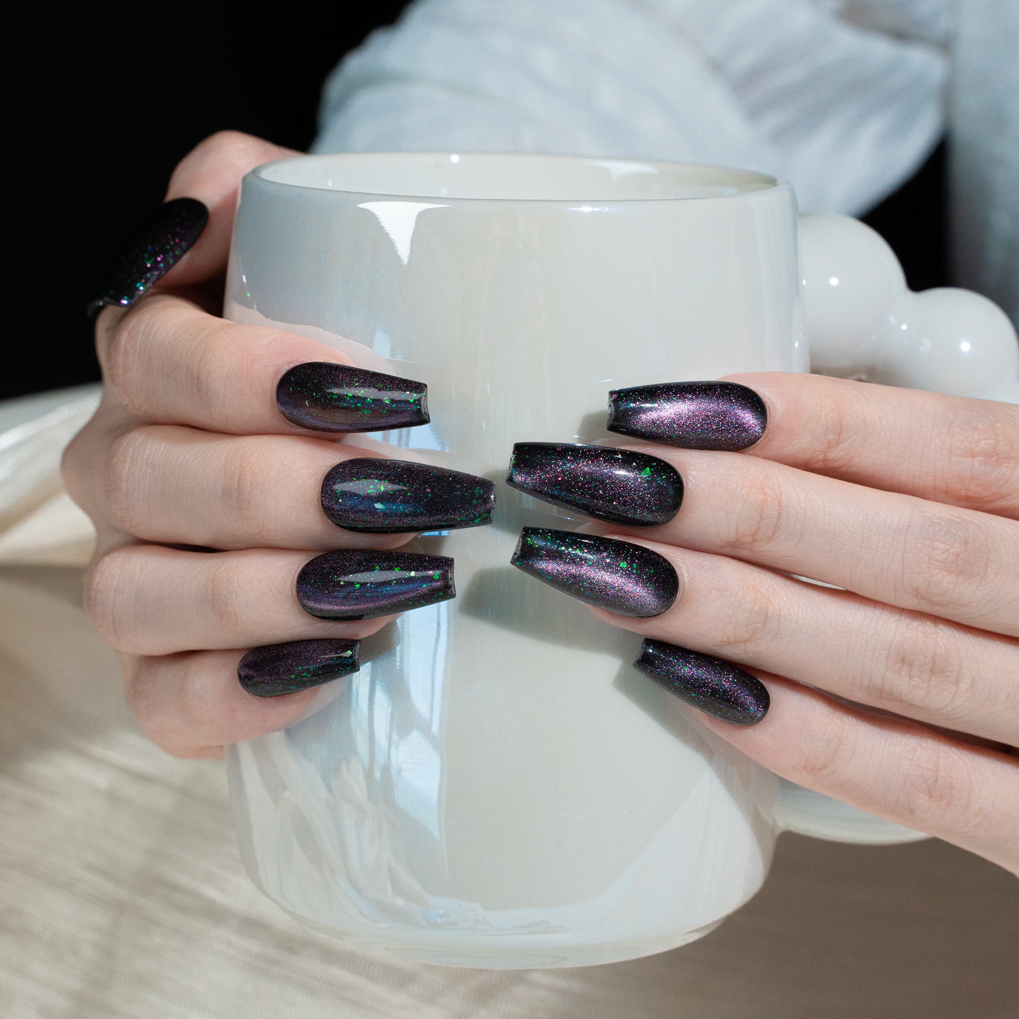 Handmade Medium Coffin Ballerina Press-On Nails - Black Magnet Solid Color Minimalist 10 Pcs #255