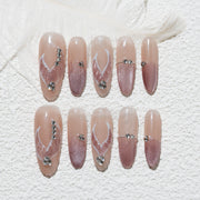 Handmade Long Oval Press-On Nails - Pink Purple Rhinestone Sparkling Hand-Painted 10 Pcs #231