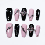 Handmade Medium Coffin Ballerina Press-On Nails - Pink Black Y2K Trendy Minimalist 10 Pcs #244
