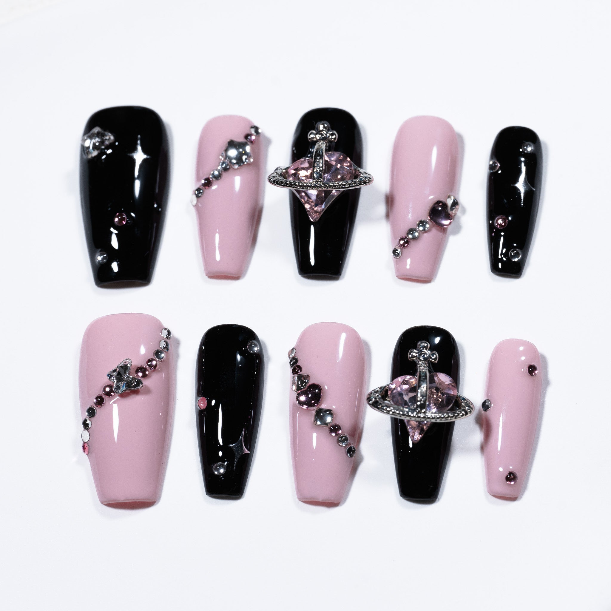 Handmade Medium Coffin Ballerina Press-On Nails - Pink Black Y2K Trendy Minimalist 10 Pcs #244