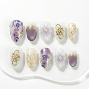 Handmade Press On Nails Short Round White Purple Pearl Gold Floral Glossy Short 10 Pieces #315