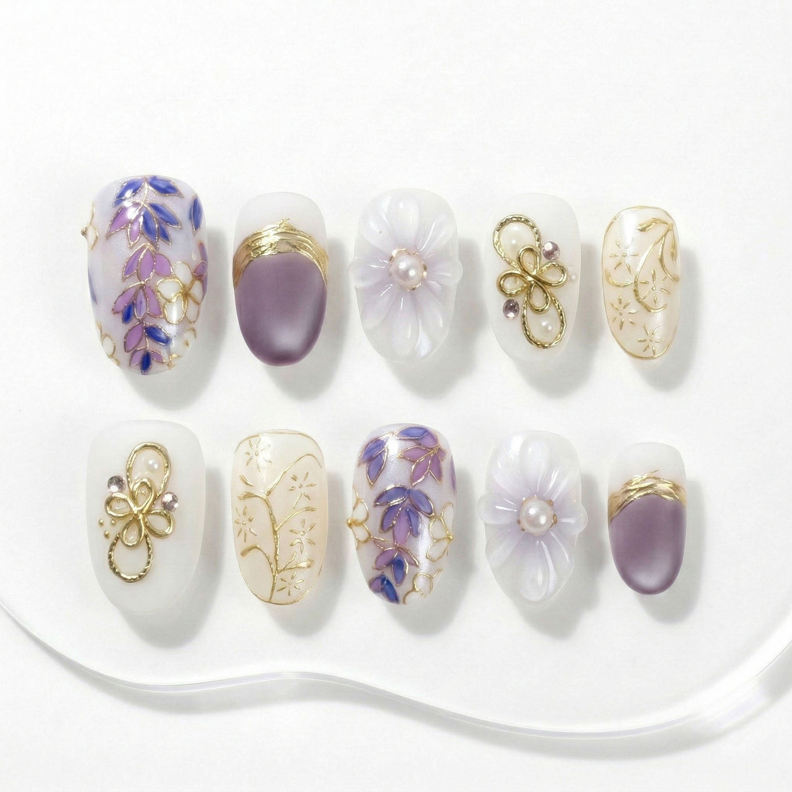 Handmade Press On Nails Short Round White Purple Pearl Gold Floral Glossy Short 10 Pieces #315