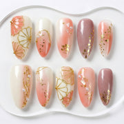 Handmade Press On Nails Almond Nude Pink Gold Foil Pearl Glossy Medium 10 Pieces #308