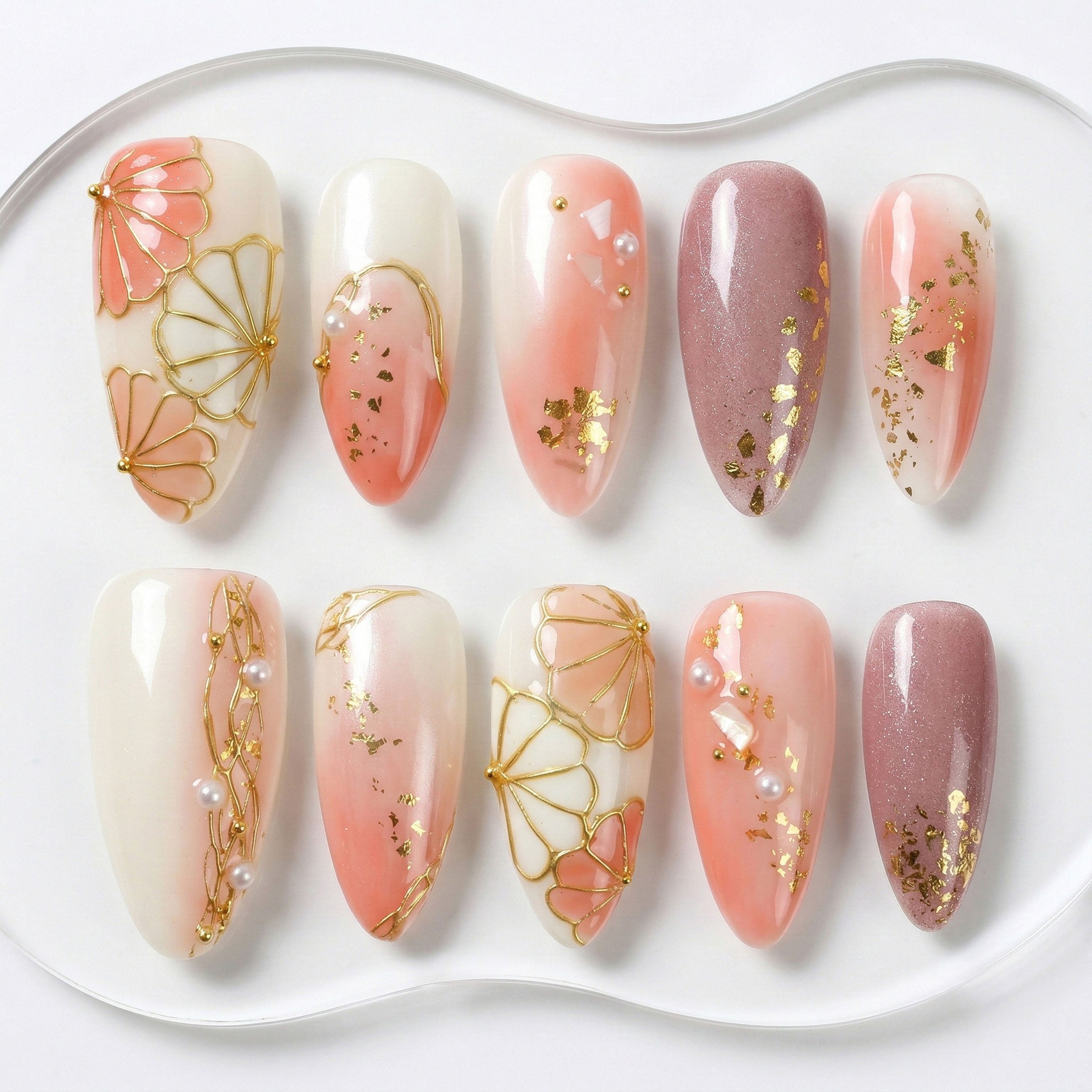 Handmade Press On Nails Almond Nude Pink Gold Foil Pearl Glossy Medium 10 Pieces #308
