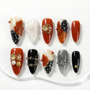 Handmade Press On Nails Almond Red Black White Floral Pearl Gold Glossy Medium 10 Pieces #312