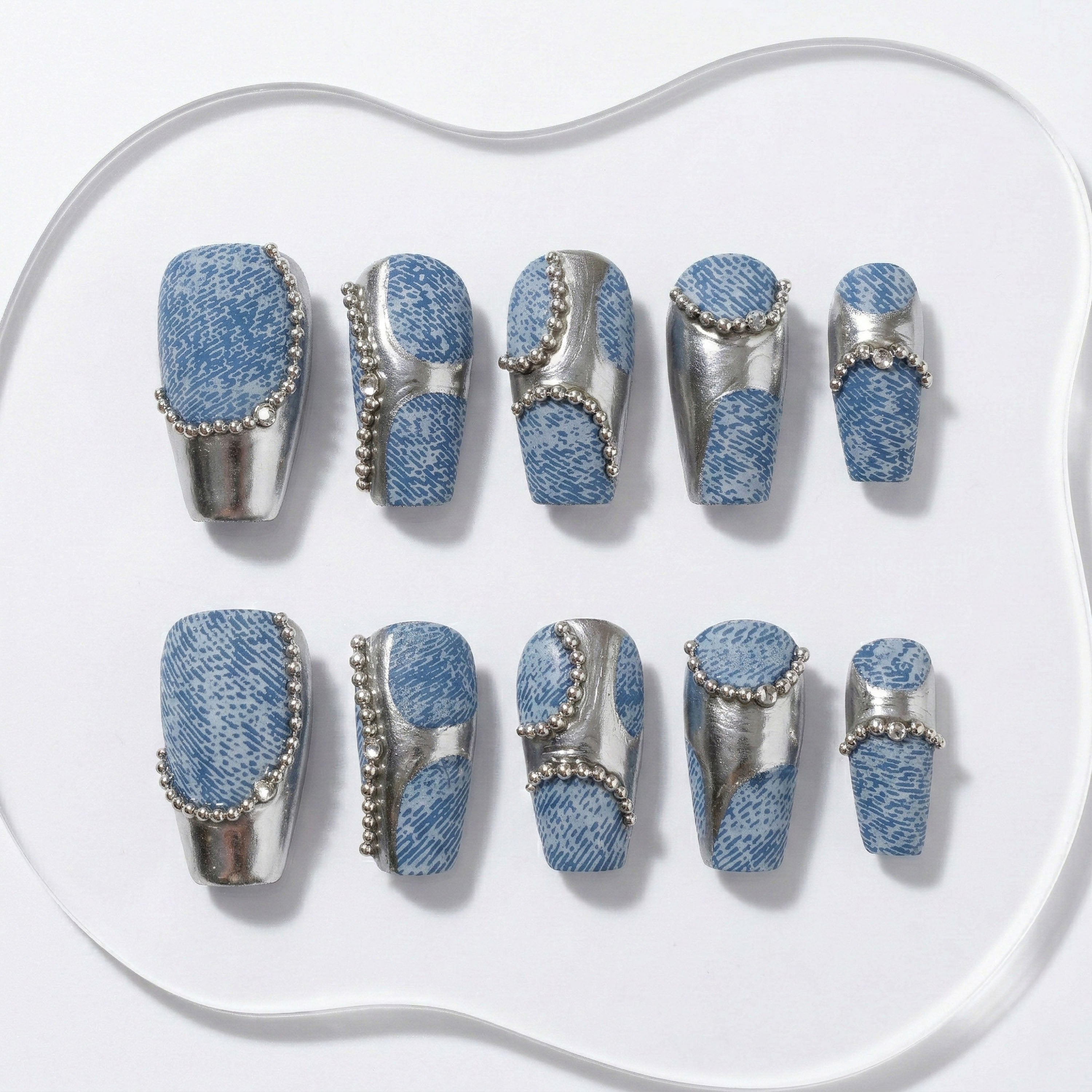 Handmade Press On Nails Trapezoid Blue Silver Denim Beaded Glossy Medium Length 10 Pieces #303