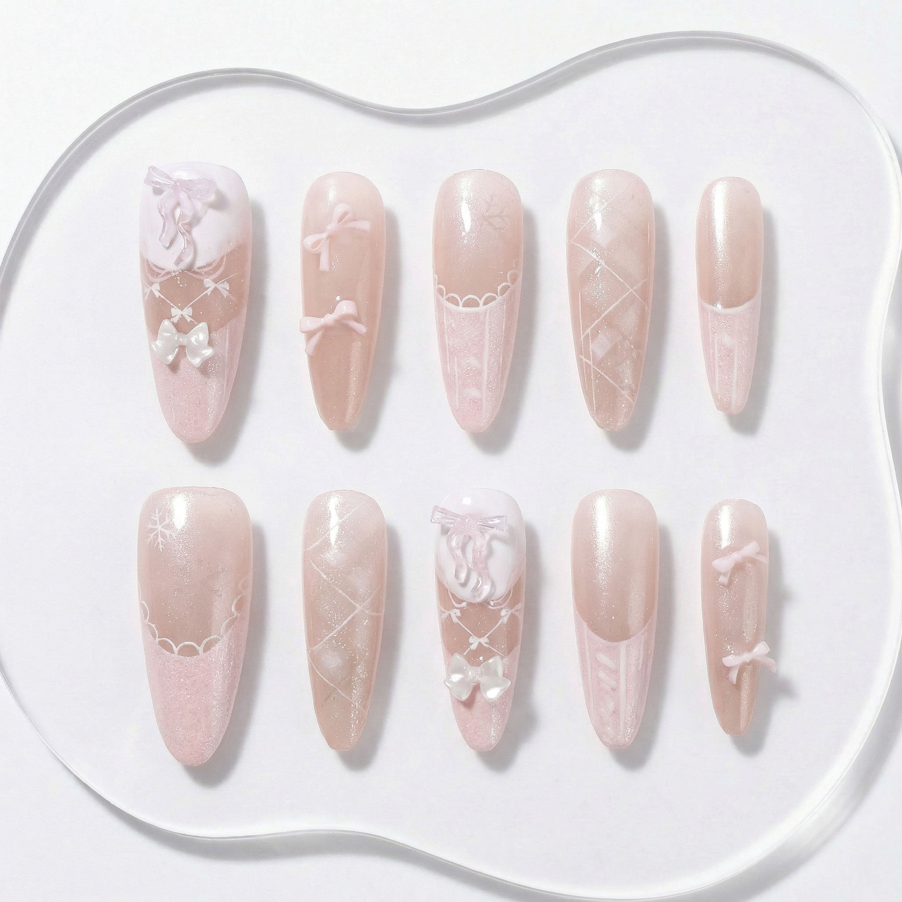 Handmade Press On Nails Stiletto Nude Pink Lace Bow Shimmer Long 10 Pieces #304