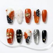 Handmade Press On Nails Medium Coffin Red Black White Floral Glossy Medium length 10 Pieces #313