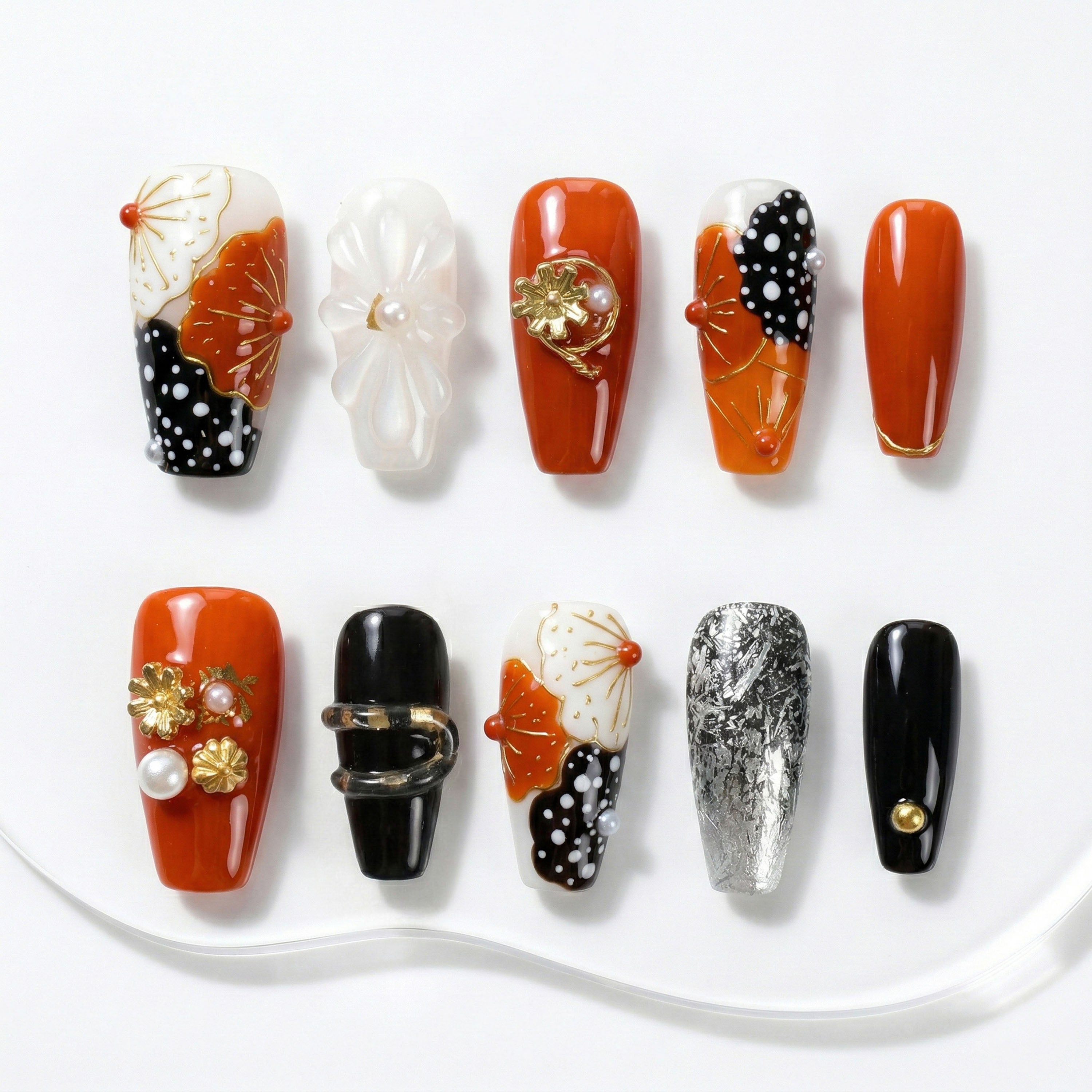 Handmade Press On Nails Medium Coffin Red Black White Floral Glossy Medium length 10 Pieces #313