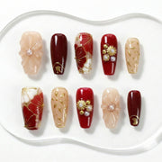 Handmade Press On Nails Trapezoid Red Nude Pink Floral Pearl Glossy Medium 10 Pieces #310