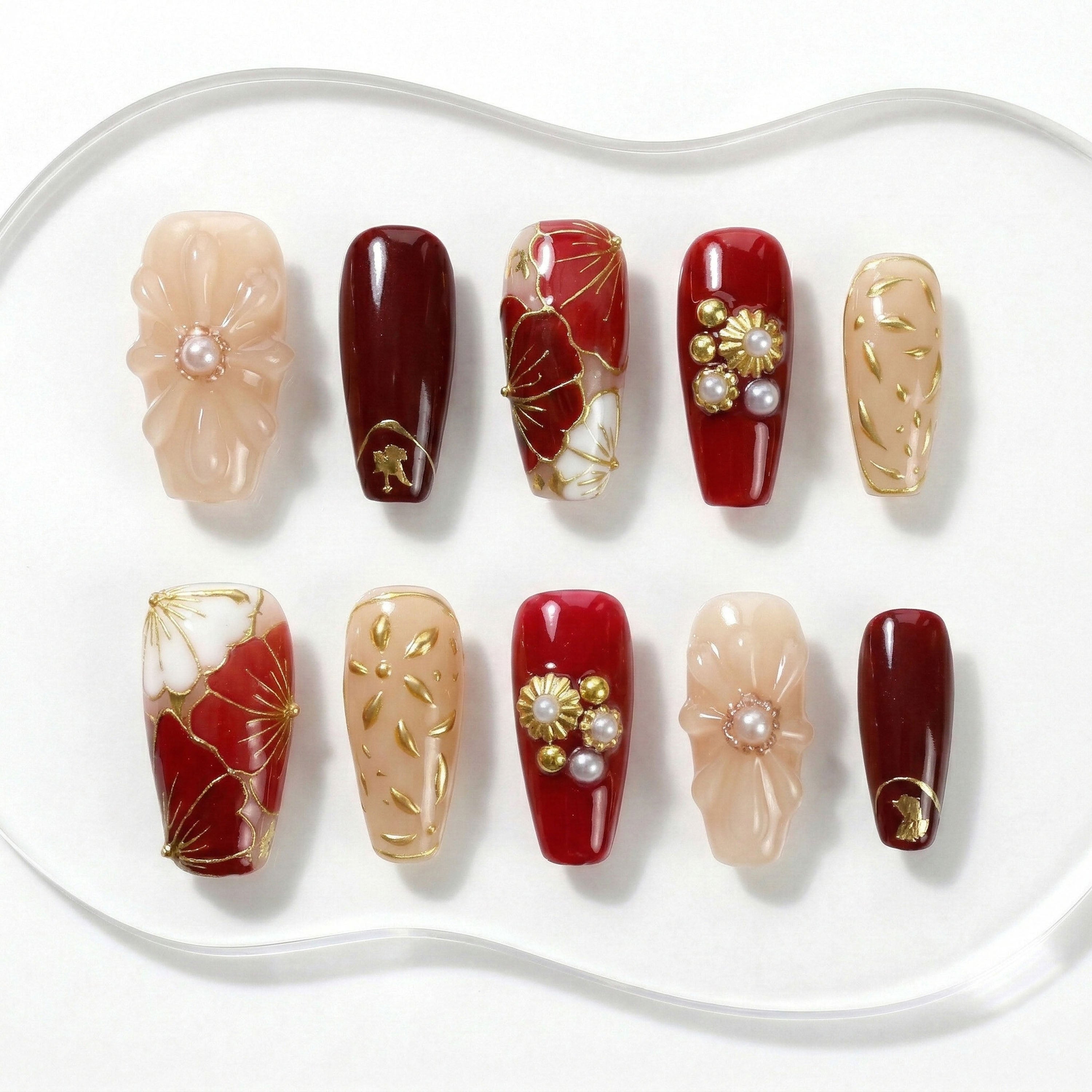 Handmade Press On Nails Trapezoid Red Nude Pink Floral Pearl Glossy Medium 10 Pieces #310