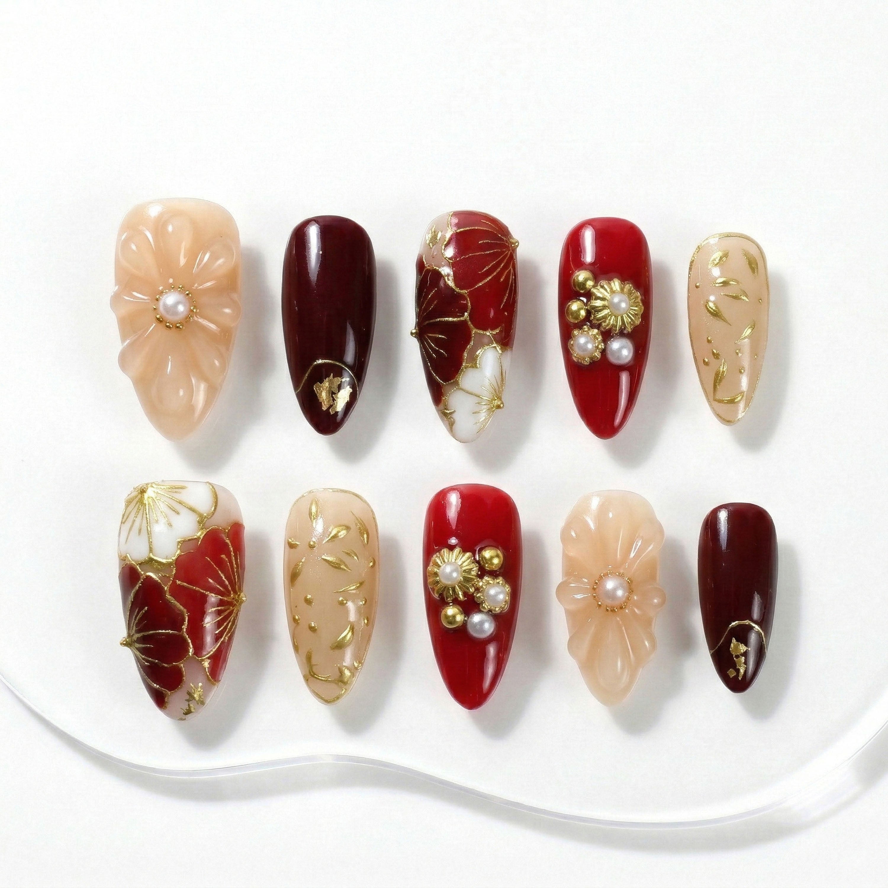 Handmade Press On Nails Almond Red Pink Vintage Floral Gold Pearl Glossy Medium 10 Pieces #311