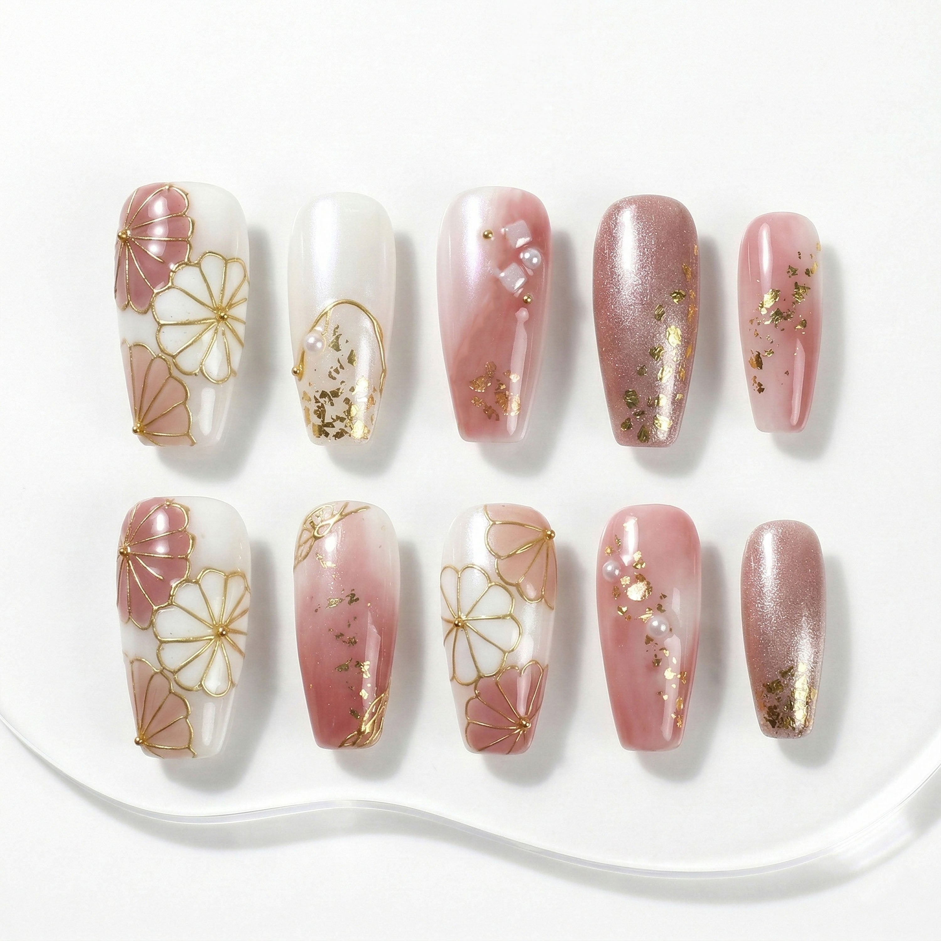 Handmade Press On Nails Trapezoid Nude Pink Gold Floral Glossy Medium 10 Pieces #309