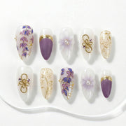 Handmade Press On Nails Almond White Purple Floral Pearl Glossy Medium 10 Pieces #314