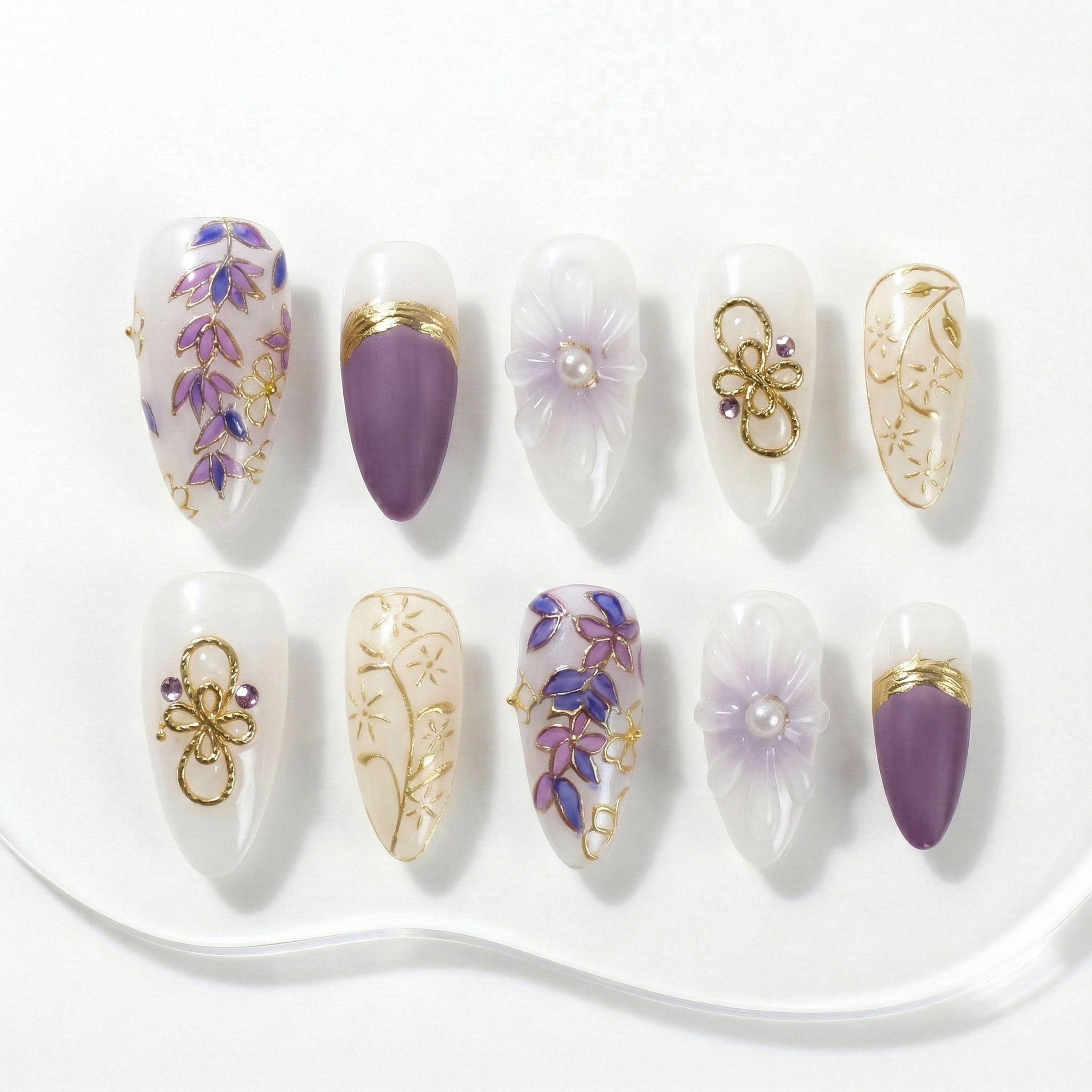 Handmade Press On Nails Almond White Purple Floral Pearl Glossy Medium 10 Pieces #314