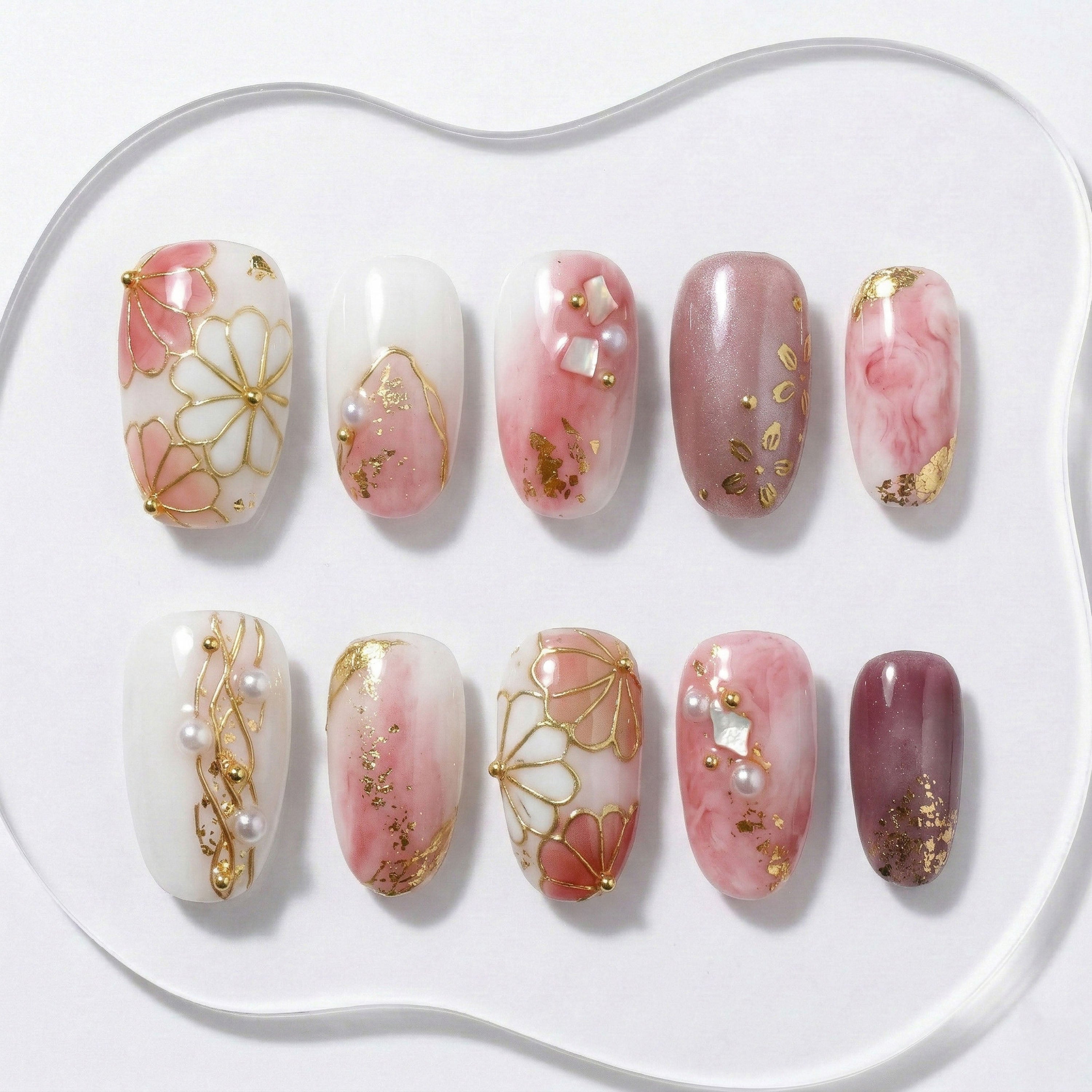 Handmade Press On Nails Short Round Pink White Marble Gold Foil Glossy 10 Pieces #307